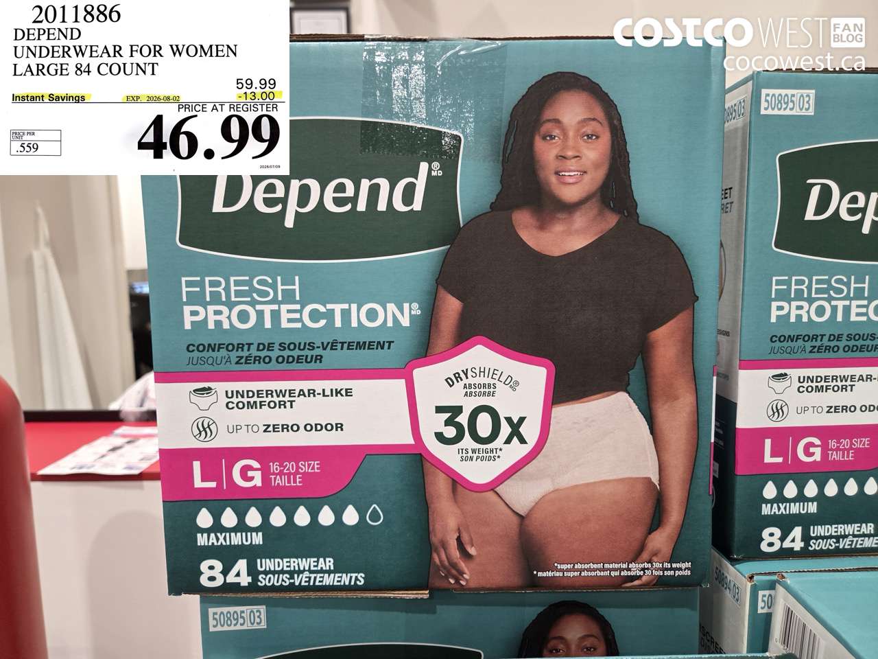 2011886 DEPEND UNDERWEAR FOR WOMEN LARGE 84 COUNT ($13.00 INSTANT SAVINGS EXPIRES ON 2026-08-02) $46.99