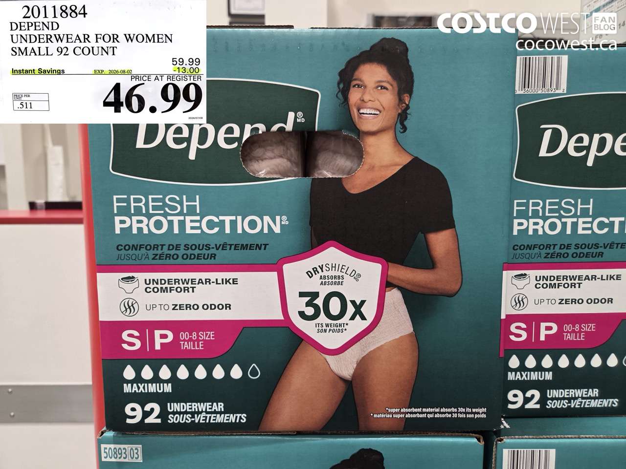 2011884 DEPEND UNDERWEAR FOR WOMEN SMALL 92 COUNT ($13.00 INSTANT SAVINGS EXPIRES ON 2026-08-02) $46.99