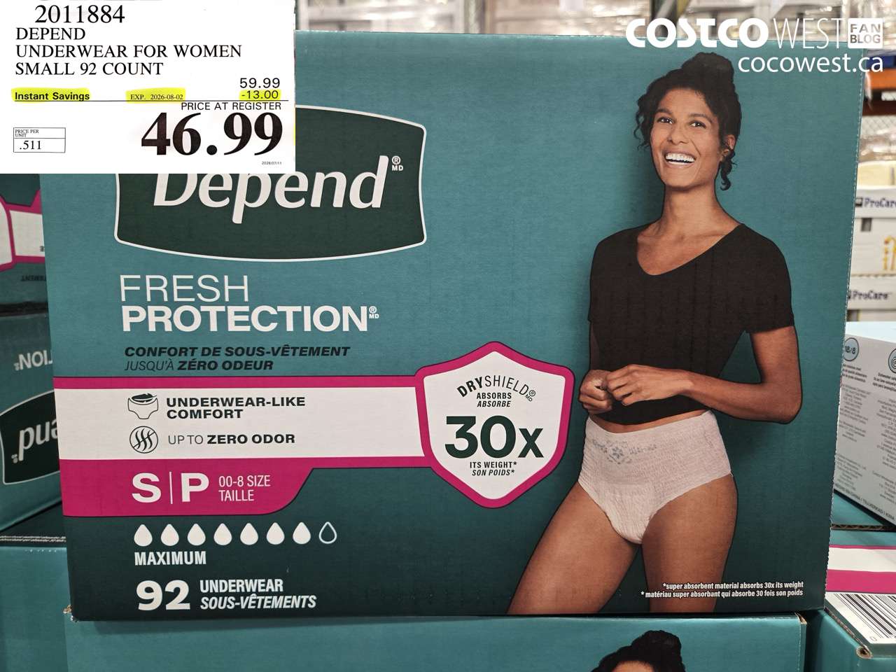 2011884 DEPEND UNDERWEAR FOR WOMEN SMALL 92 COUNT ($13.00 INSTANT SAVINGS EXPIRES ON 2026-08-02) $46.99