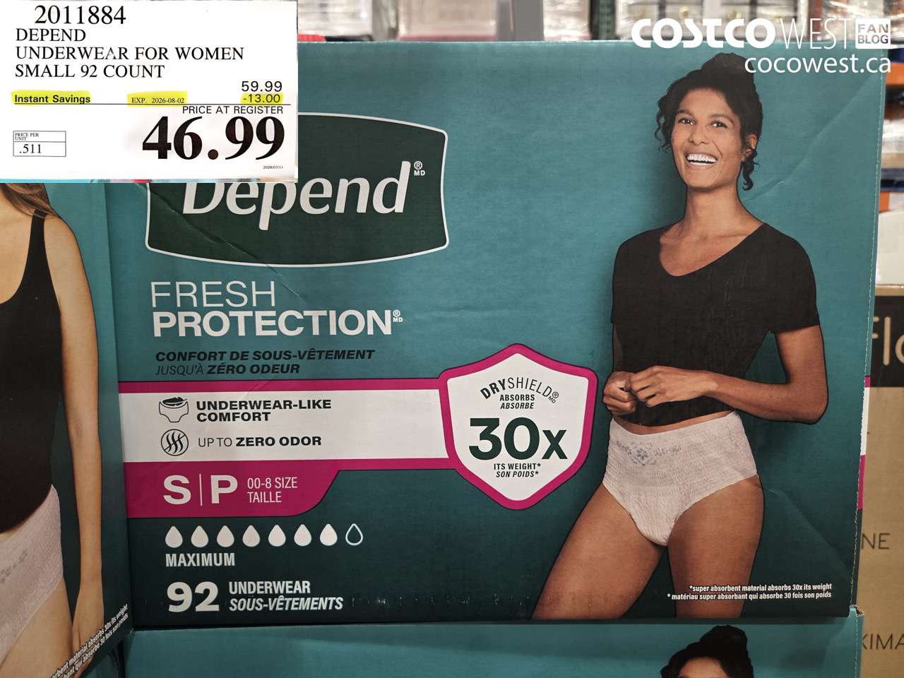 2011884 DEPEND UNDERWEAR FOR WOMEN SMALL 92 COUNT ($13.00 INSTANT SAVINGS EXPIRES ON 2026-08-02) $46.99