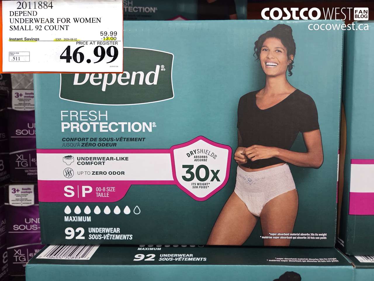 2011884 DEPEND UNDERWEAR FOR WOMEN SMALL 92 COUNT ($13.00 INSTANT SAVINGS EXPIRES ON 2026-08-02) $46.99