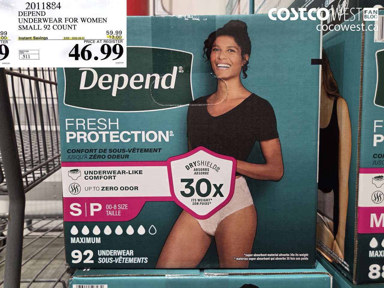 2011884 DEPEND UNDERWEAR FOR WOMEN SMALL 92 COUNT ($13.00 INSTANT SAVINGS EXPIRES ON 2026-08-02) $46.99
