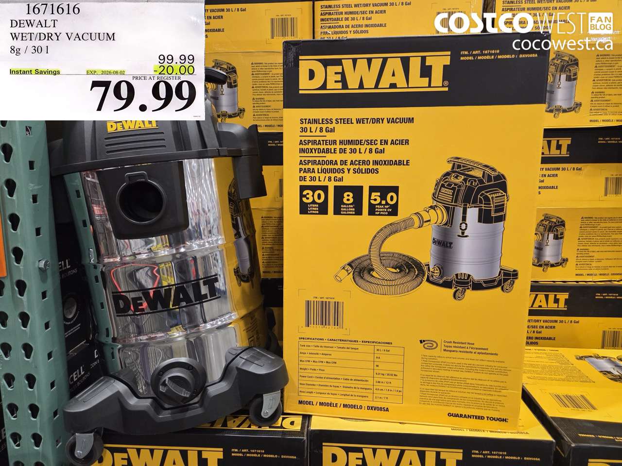 1671616 DEWALT WET/DRY VACUUM 8G / 30 L ($20.00 INSTANT SAVINGS EXPIRES ON 2026-08-02) $79.99