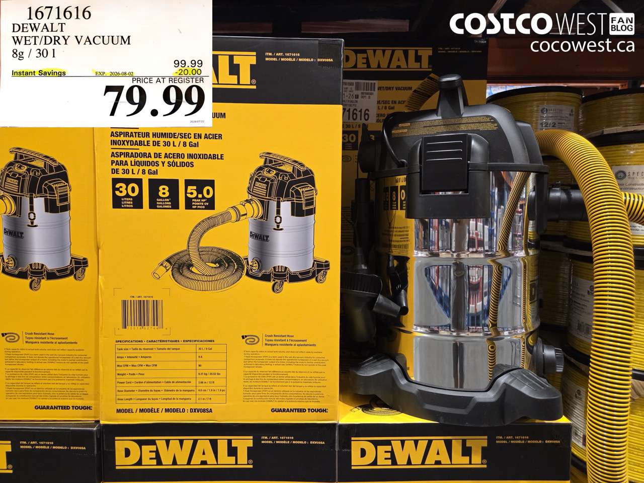 1671616 DEWALT WET/DRY VACUUM 8G / 30 L ($20.00 INSTANT SAVINGS EXPIRES ON 2026-08-02) $79.99
