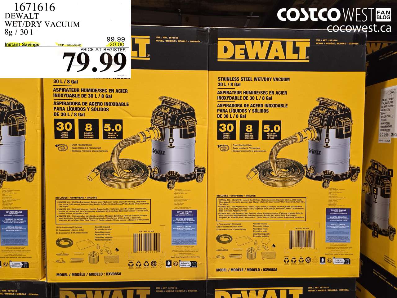 1671616 DEWALT WET/DRY VACUUM 8G / 30 L ($20.00 INSTANT SAVINGS EXPIRES ON 2026-08-02) $79.99