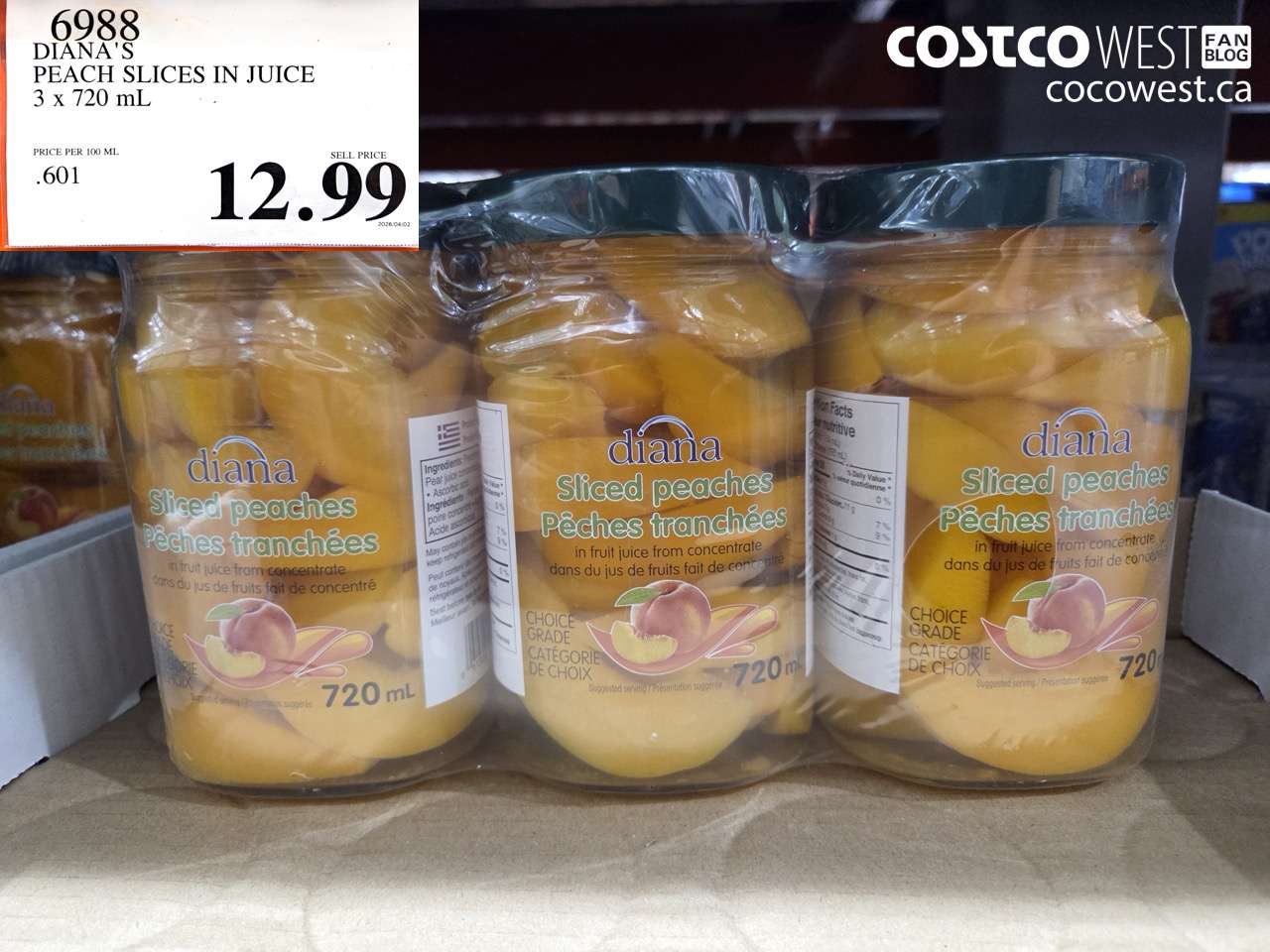 6988 DIANA'S PEACH SLICES IN JUICE 3 X 720 ML $12.99