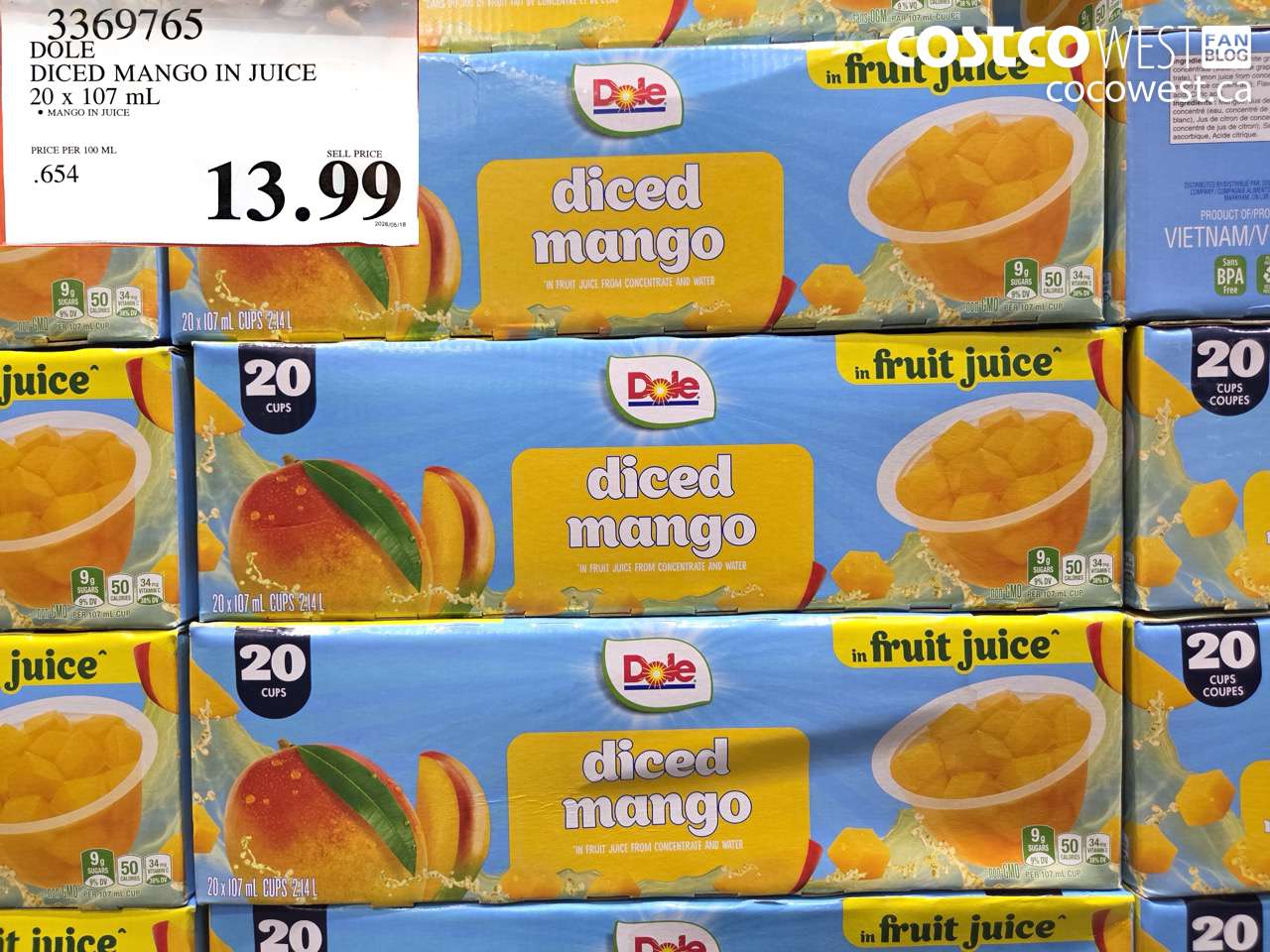 3369765 DOLE DICED MANGO IN JUICE 20 X 107 ML $13.99