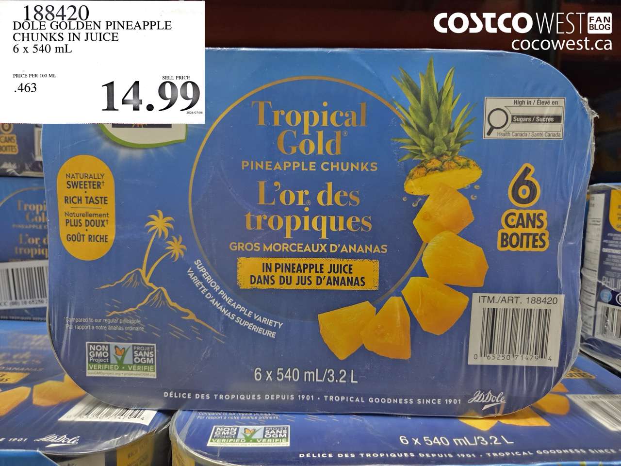 188420 DOLE GOLDEN PINEAPPLE CHUNKS IN JUICE 6 X 540 ML $14.99
