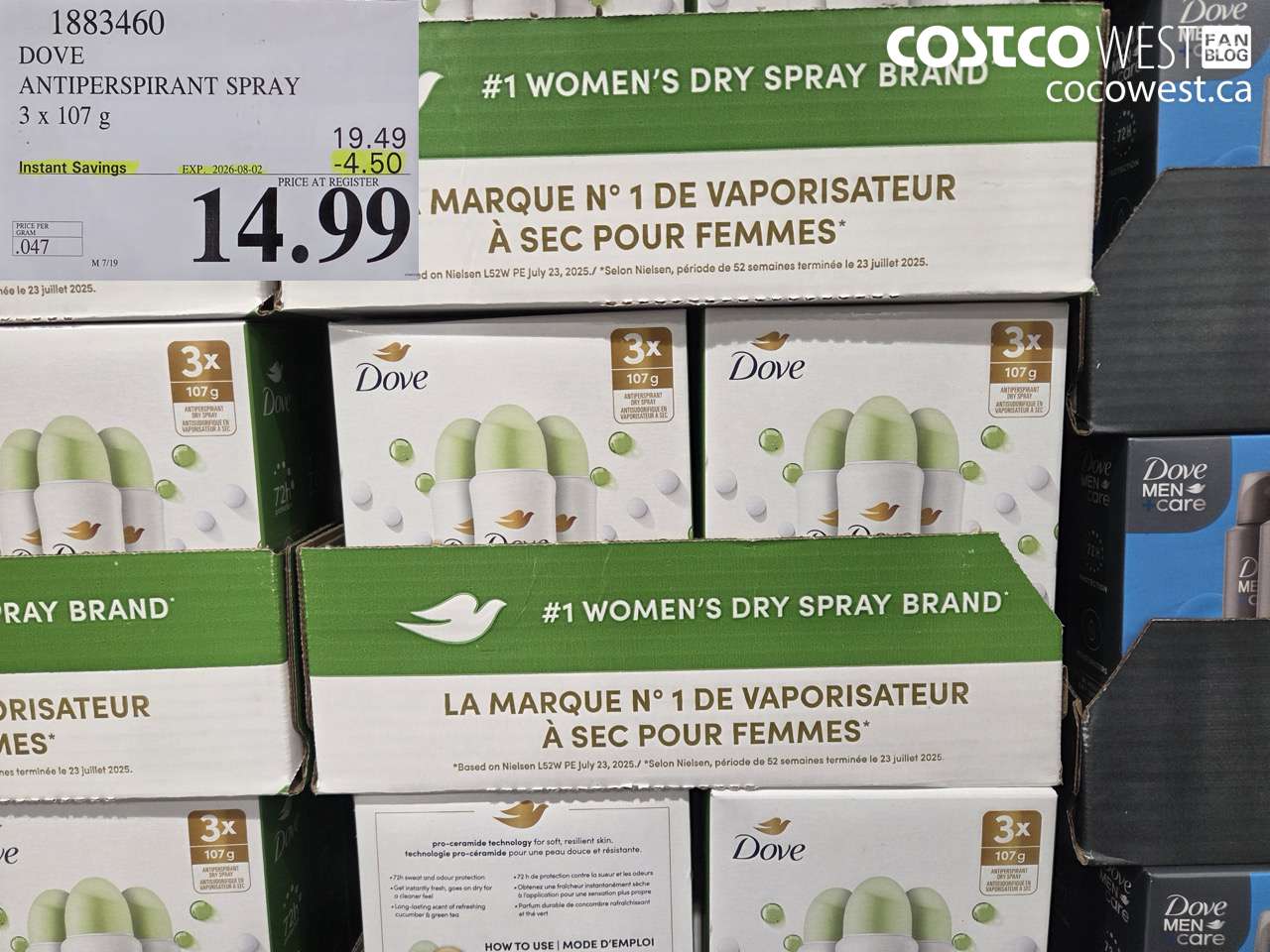 1883460 DOVE ANTIPERSPIRANT SPRAY 3 X 107 G ($4.50 INSTANT SAVINGS EXPIRES ON 2026-08-02) $14.99