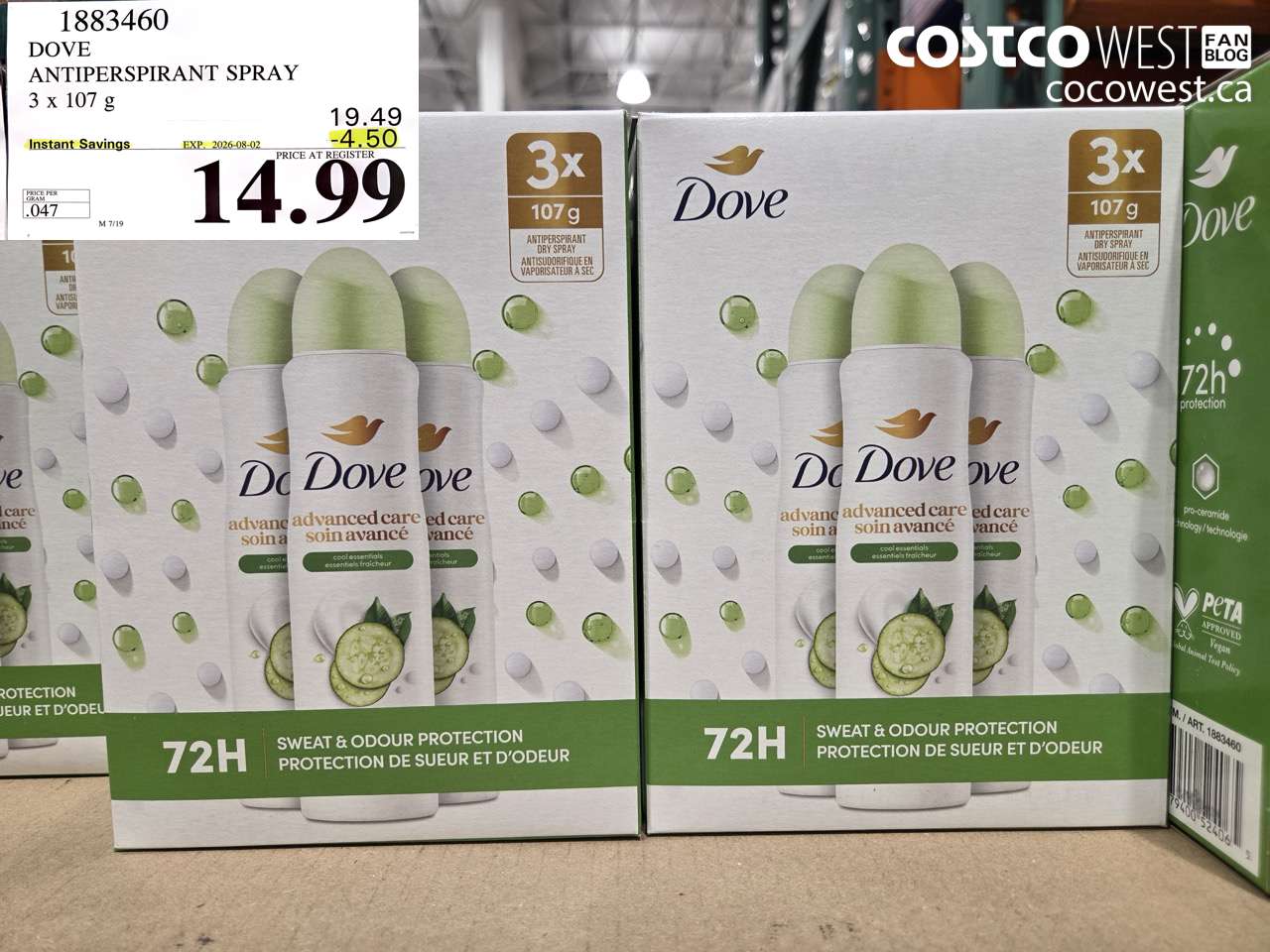 1883460 DOVE ANTIPERSPIRANT SPRAY 3 X 107 G ($4.50 INSTANT SAVINGS EXPIRES ON 2026-08-02) $14.99