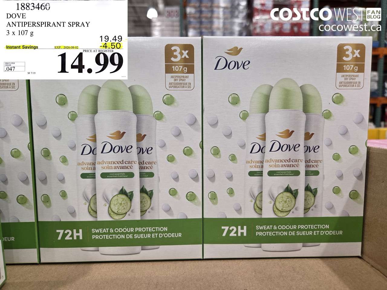 1883460 DOVE ANTIPERSPIRANT SPRAY 3 X 107 G ($4.50 INSTANT SAVINGS EXPIRES ON 2026-08-02) $14.99