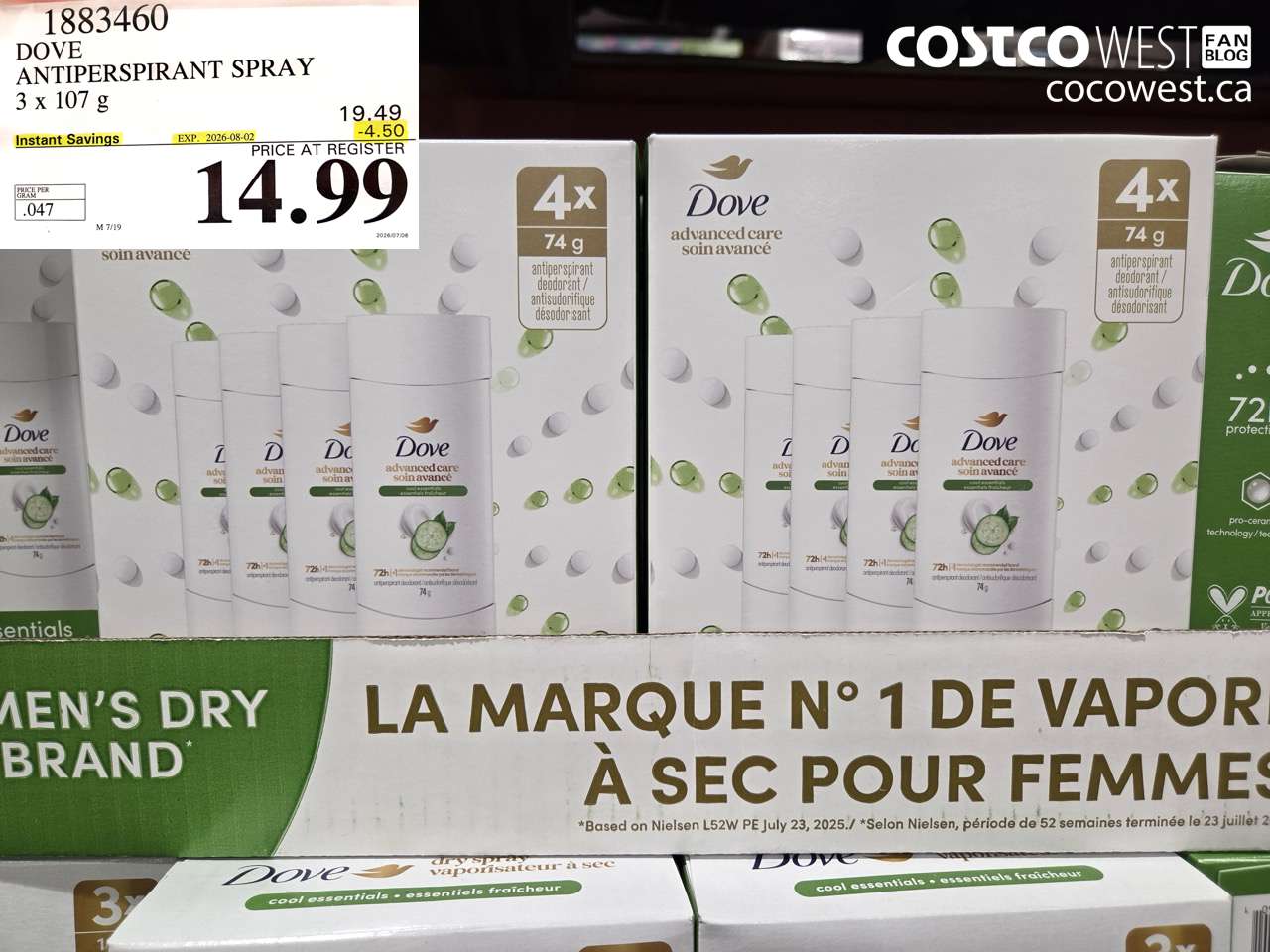 1883460 DOVE ANTIPERSPIRANT SPRAY 3 X 107 G ($4.50 INSTANT SAVINGS EXPIRES ON 2026-08-02) $14.99