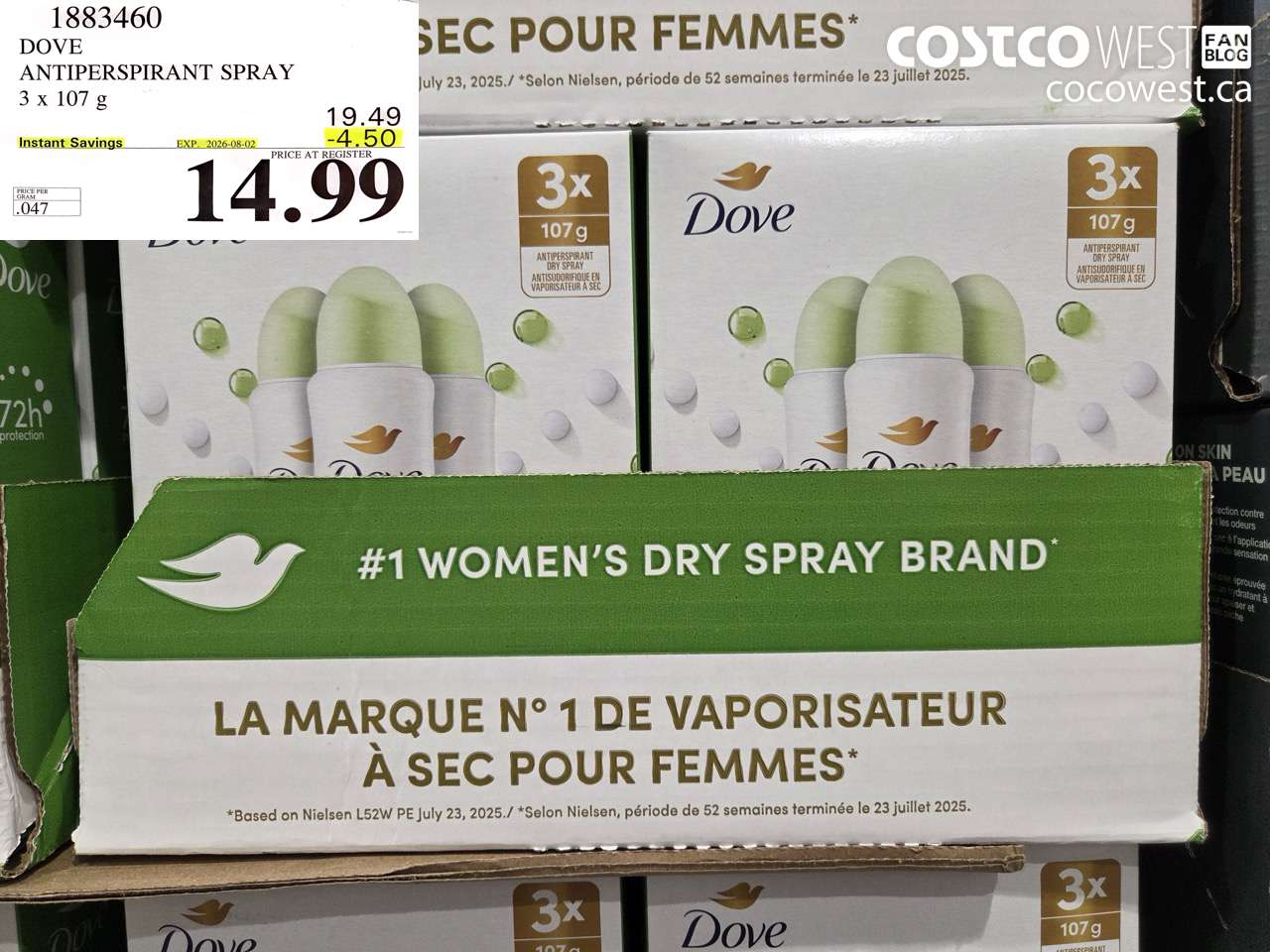 1883460 DOVE ANTIPERSPIRANT SPRAY 3 X 107 G ($4.50 INSTANT SAVINGS EXPIRES ON 2026-08-02) $14.99