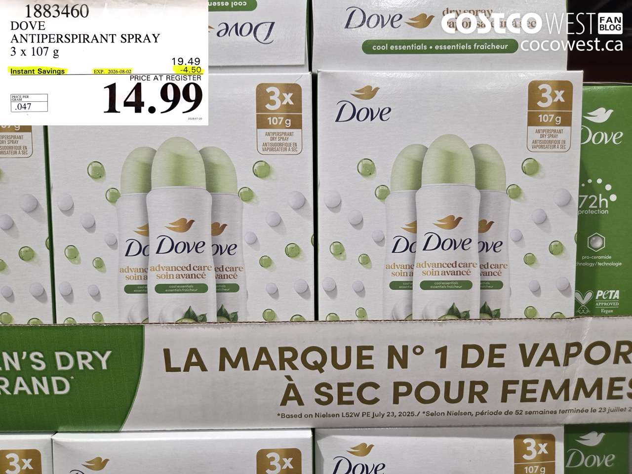 1883460 DOVE ANTIPERSPIRANT SPRAY 3 X 107 G ($4.50 INSTANT SAVINGS EXPIRES ON 2026-08-02) $14.99