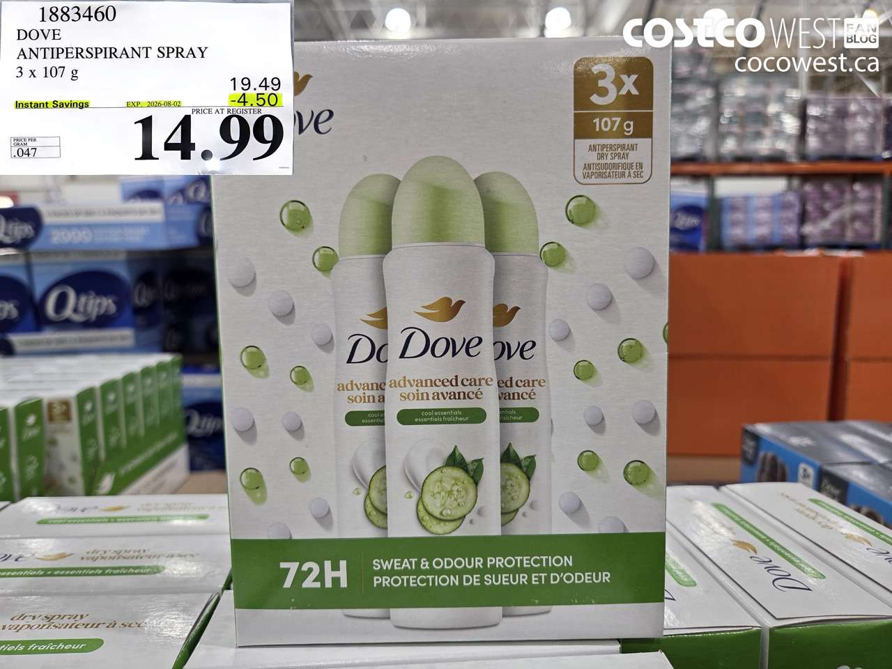 1883460 DOVE ANTIPERSPIRANT SPRAY 3 X 107 G ($4.50 INSTANT SAVINGS EXPIRES ON 2026-08-02) $14.99