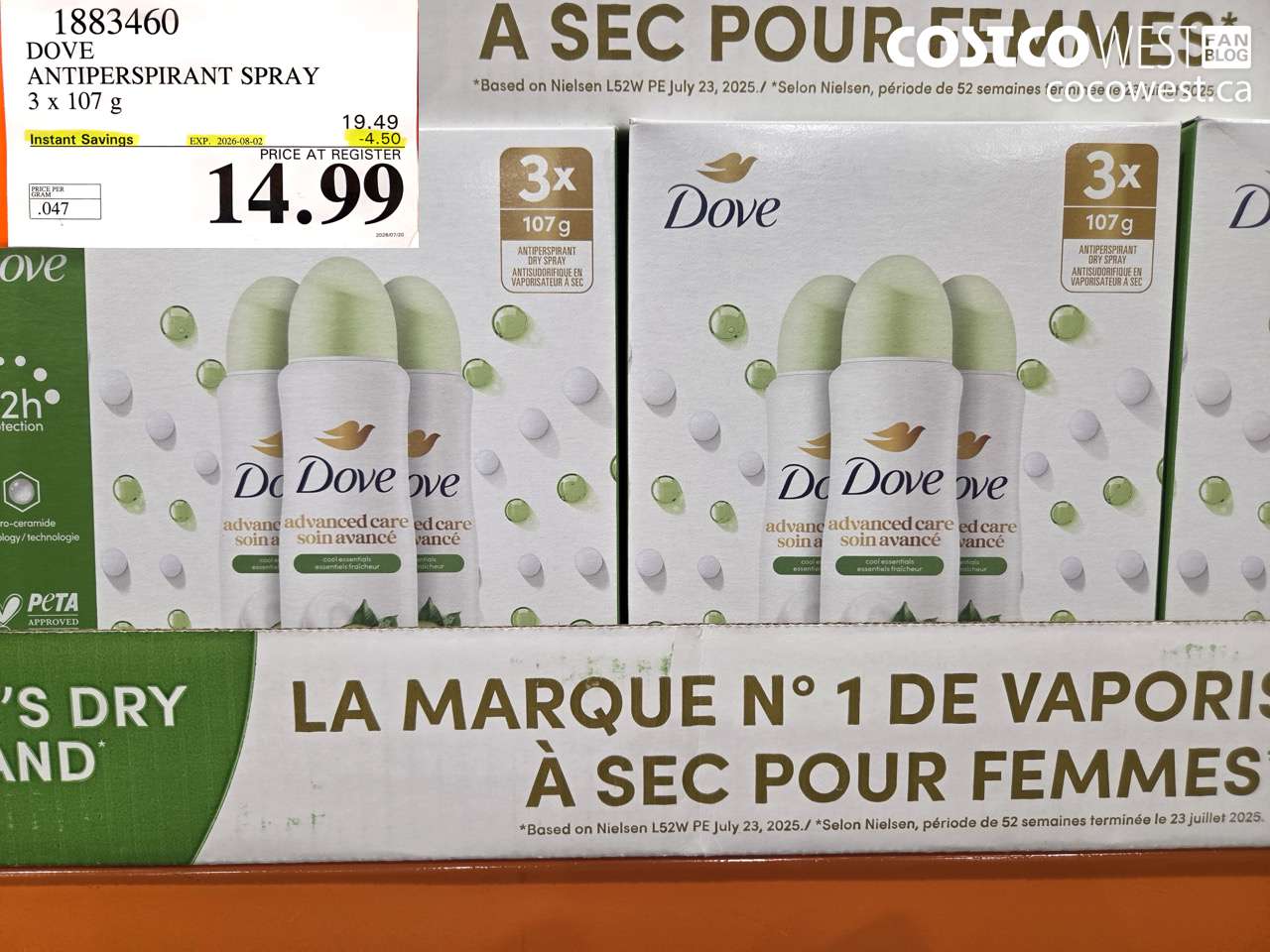1883460 DOVE ANTIPERSPIRANT SPRAY 3 X 107 G ($4.50 INSTANT SAVINGS EXPIRES ON 2026-08-02) $14.99
