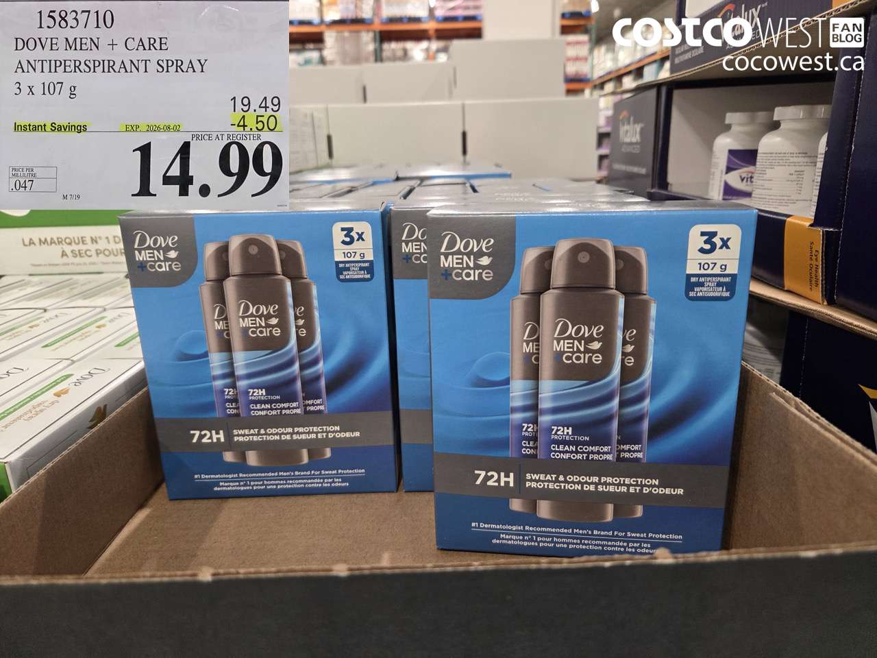 1583710 DOVE MEN + CARE ANTIPERSPIRANT SPRAY 3 X 107 G ($4.50 INSTANT SAVINGS EXPIRES ON 2026-08-02) $14.99