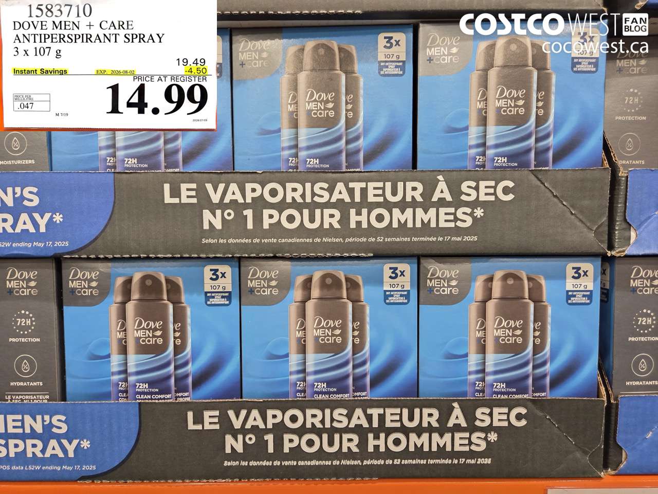 1583710 DOVE MEN + CARE ANTIPERSPIRANT SPRAY 3 X 107 G ($4.50 INSTANT SAVINGS EXPIRES ON 2026-08-02) $14.99
