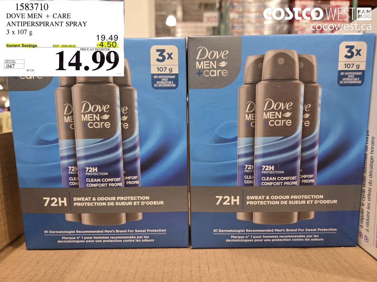 1583710 DOVE MEN + CARE ANTIPERSPIRANT SPRAY 3 X 107 G ($4.50 INSTANT SAVINGS EXPIRES ON 2026-08-02) $14.99