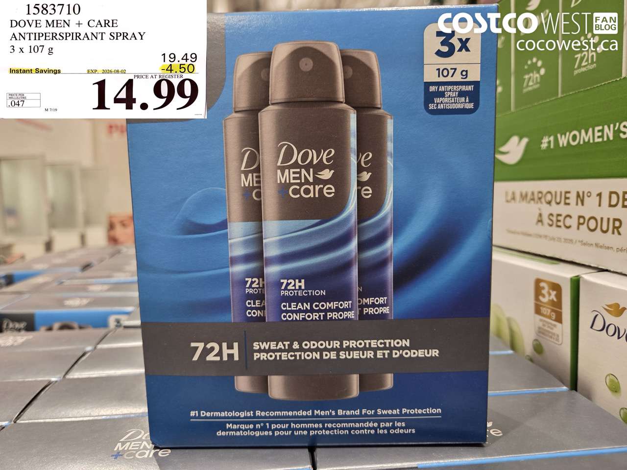 1583710 DOVE MEN + CARE ANTIPERSPIRANT SPRAY 3 X 107 G ($4.50 INSTANT SAVINGS EXPIRES ON 2026-08-02) $14.99