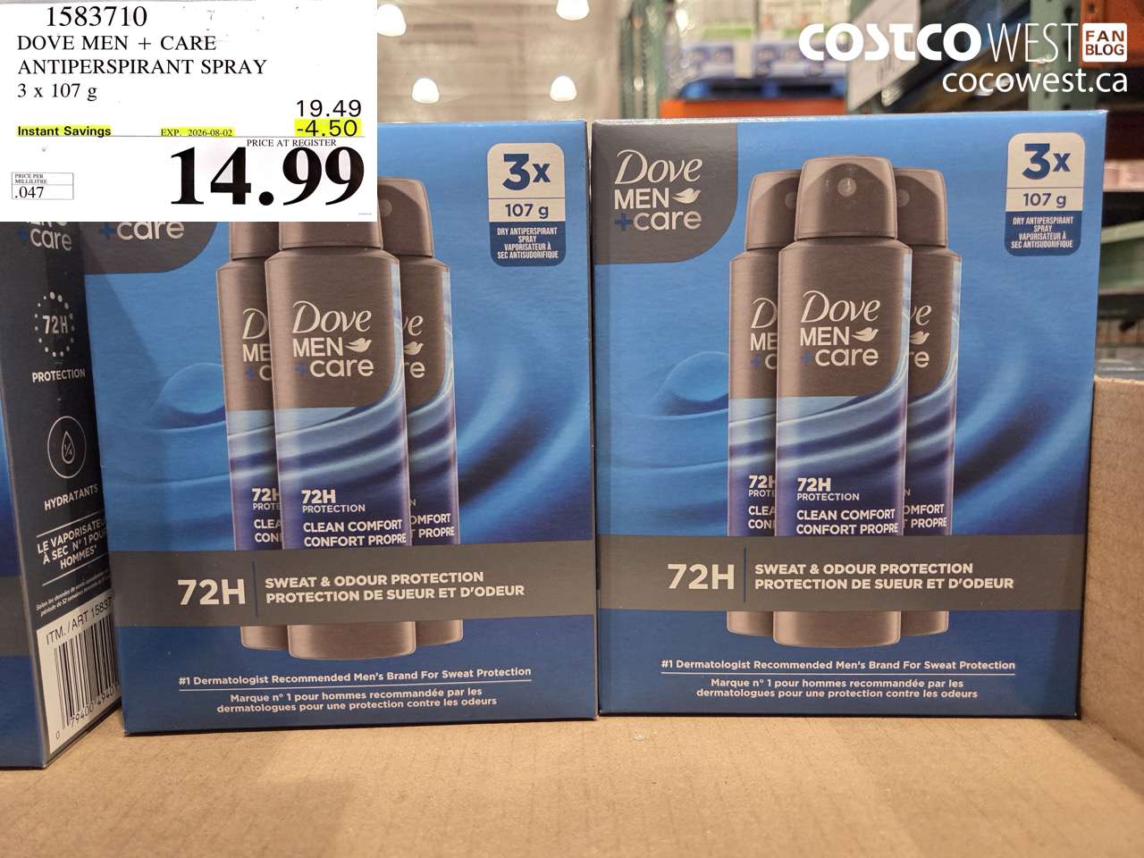 1583710 DOVE MEN + CARE ANTIPERSPIRANT SPRAY 3 X 107 G ($4.50 INSTANT SAVINGS EXPIRES ON 2026-08-02) $14.99