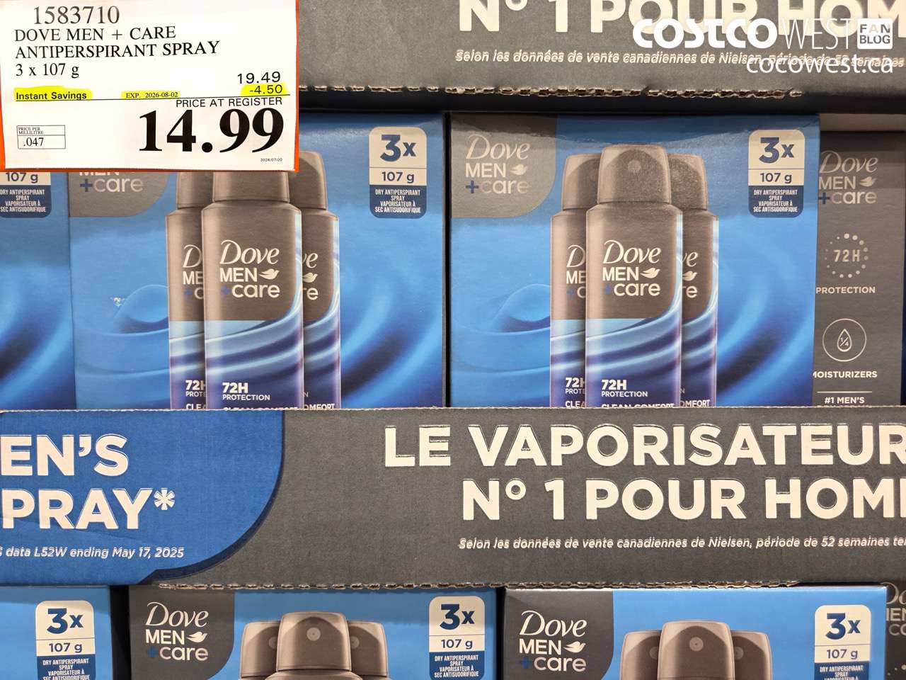 1583710 DOVE MEN + CARE ANTIPERSPIRANT SPRAY 3 X 107 G ($4.50 INSTANT SAVINGS EXPIRES ON 2026-08-02) $14.99