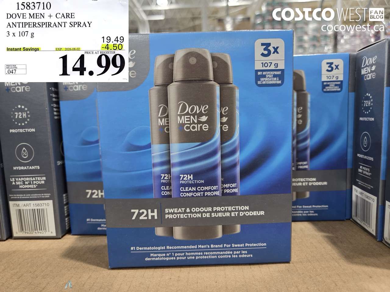 1583710 DOVE MEN + CARE ANTIPERSPIRANT SPRAY 3 X 107 G ($4.50 INSTANT SAVINGS EXPIRES ON 2026-08-02) $14.99