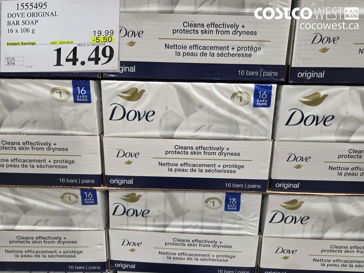 1555495 DOVE ORIGINAL BAR SOAP 16 X 106 G ($5.50 INSTANT SAVINGS EXPIRES ON 2026-08-02) $14.49