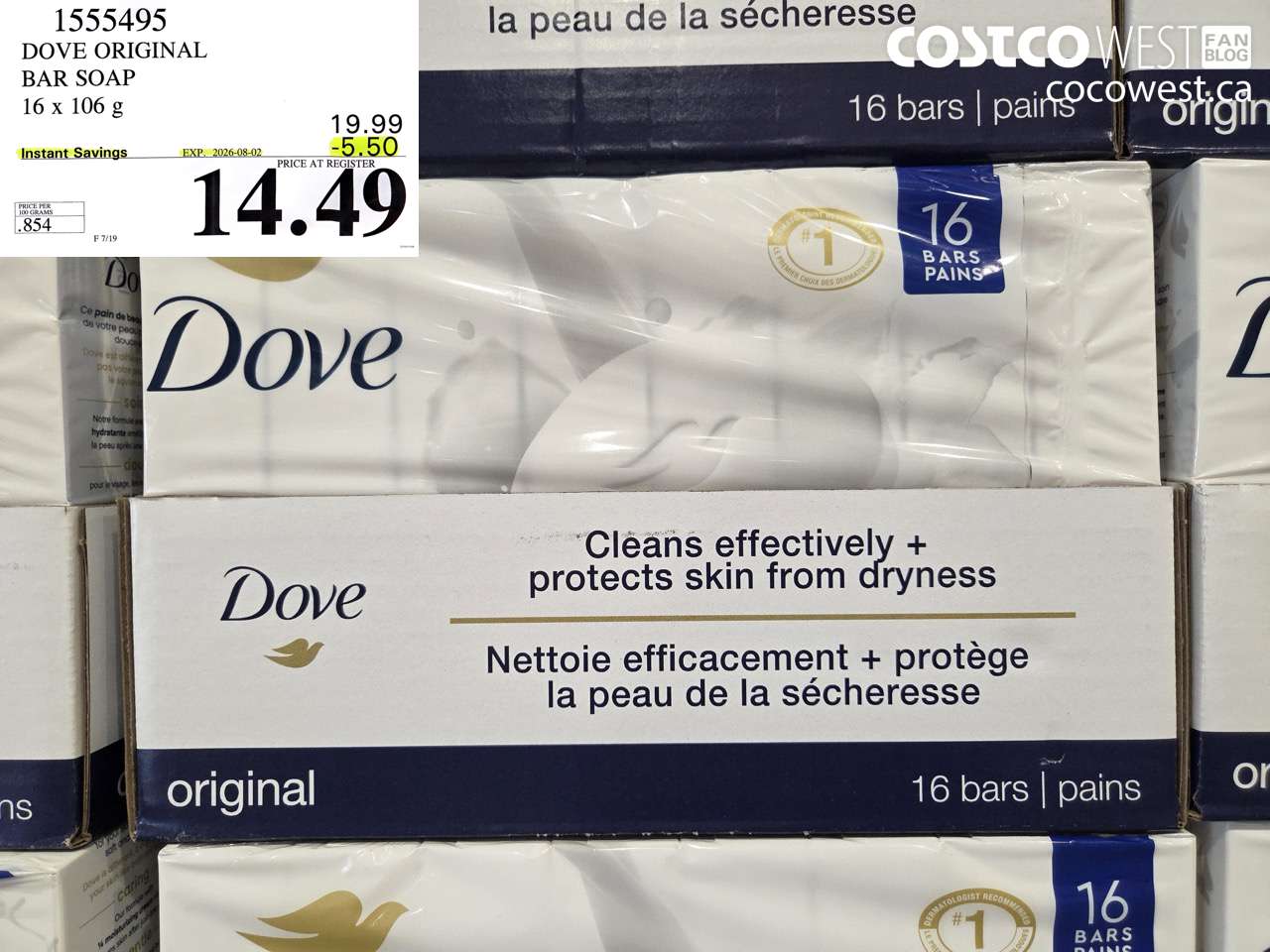 1555495 DOVE ORIGINAL BAR SOAP 16 X 106 G ($5.50 INSTANT SAVINGS EXPIRES ON 2026-08-02) $14.49