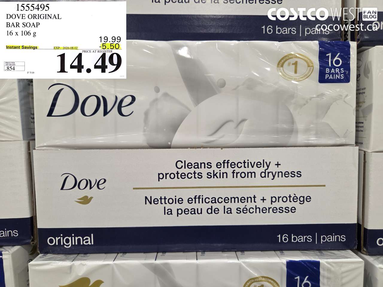 1555495 DOVE ORIGINAL BAR SOAP 16 X 106 G ($5.50 INSTANT SAVINGS EXPIRES ON 2026-08-02) $14.49