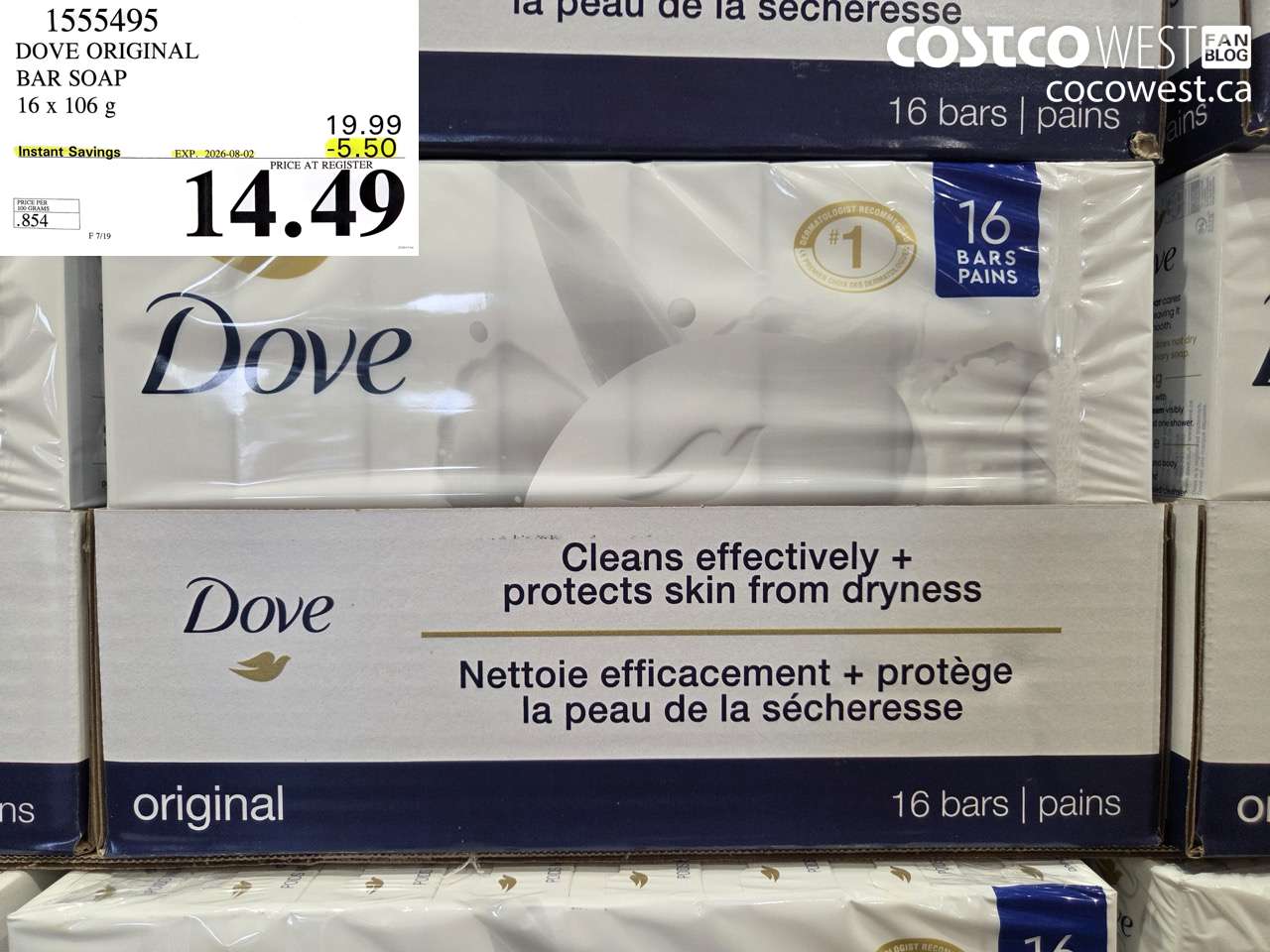 1555495 DOVE ORIGINAL BAR SOAP 16 X 106 G ($5.50 INSTANT SAVINGS EXPIRES ON 2026-08-02) $14.49