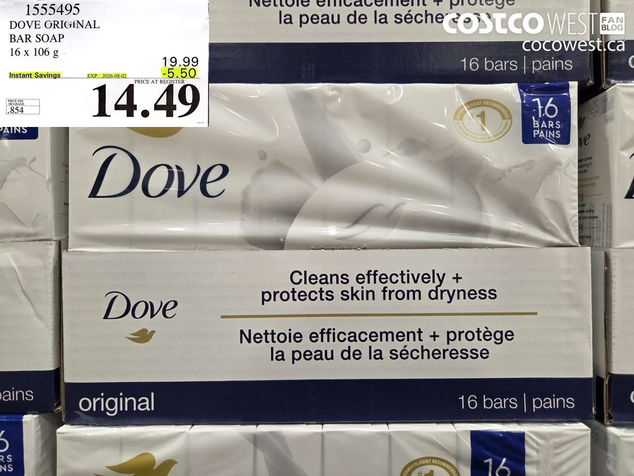 1555495 DOVE ORIGINAL BAR SOAP 16 X 106 G ($5.50 INSTANT SAVINGS EXPIRES ON 2026-08-02) $14.49