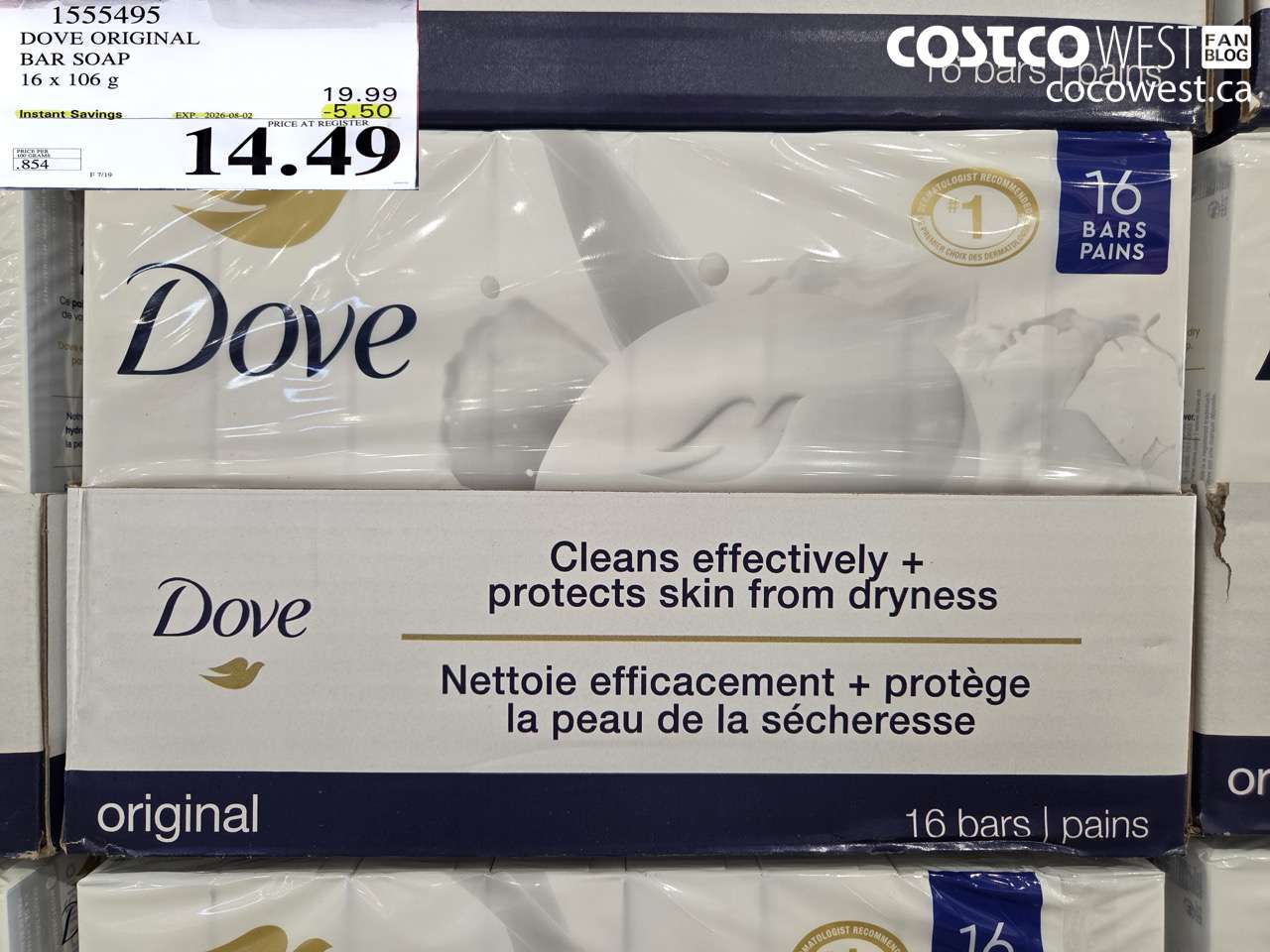 1555495 DOVE ORIGINAL BAR SOAP 16 X 106 G ($5.50 INSTANT SAVINGS EXPIRES ON 2026-08-02) $14.49
