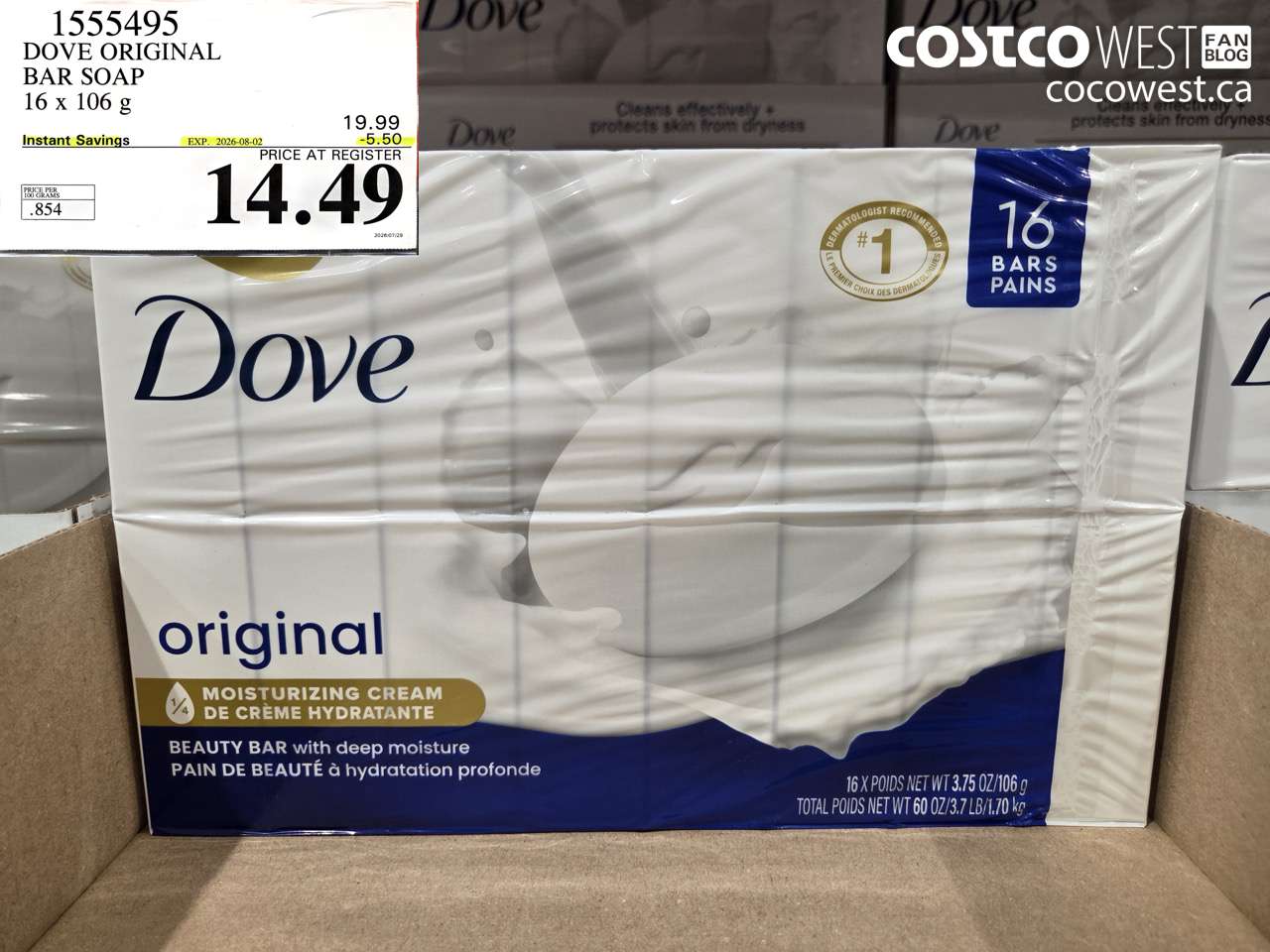 1555495 DOVE ORIGINAL BAR SOAP 16 X 106 G ($5.50 INSTANT SAVINGS EXPIRES ON 2026-08-02) $14.49