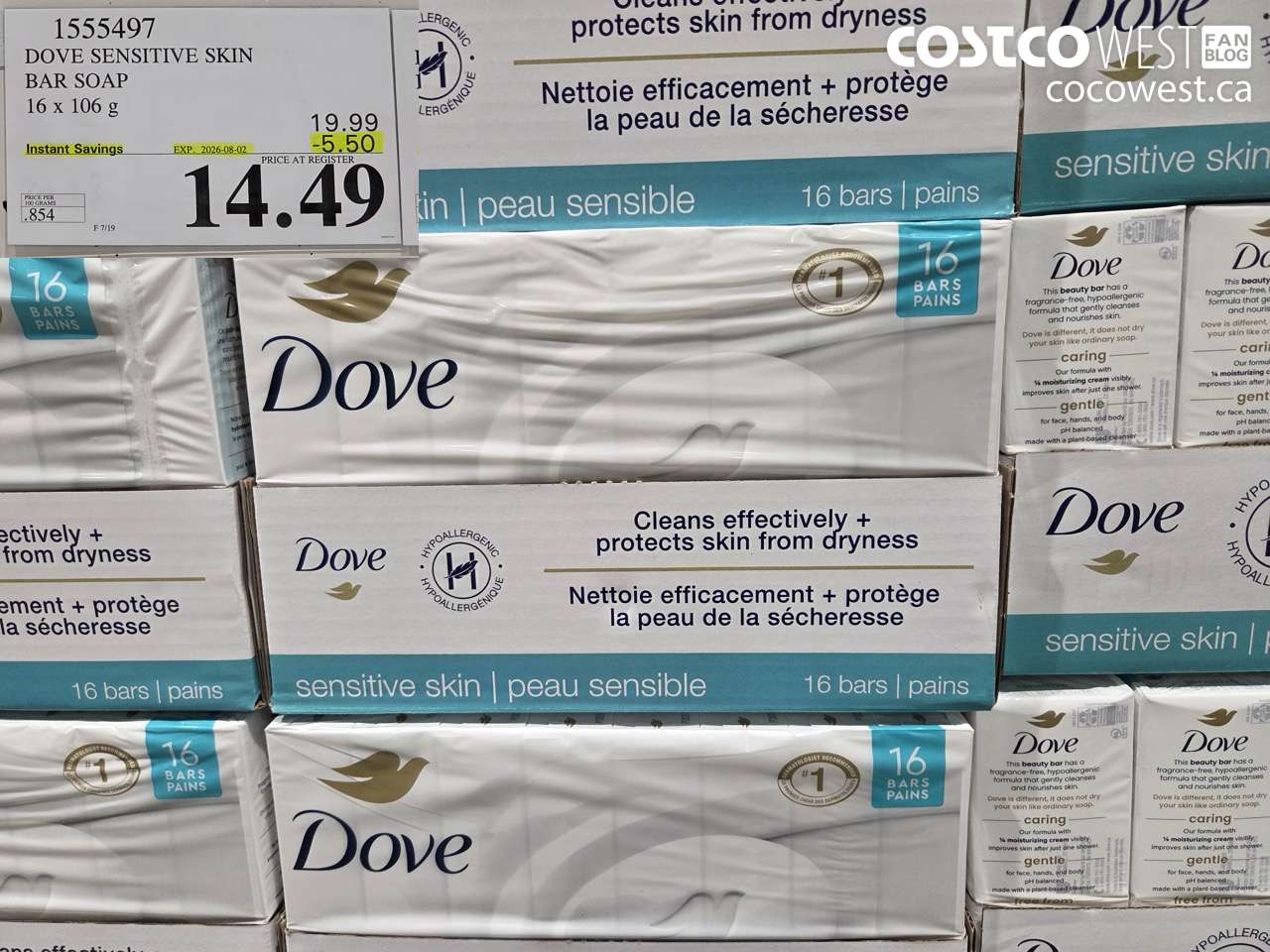 1555497 DOVE SENSITIVE SKIN BAR SOAP 16 X 106 G ($5.50 INSTANT SAVINGS EXPIRES ON 2026-08-02) $14.49