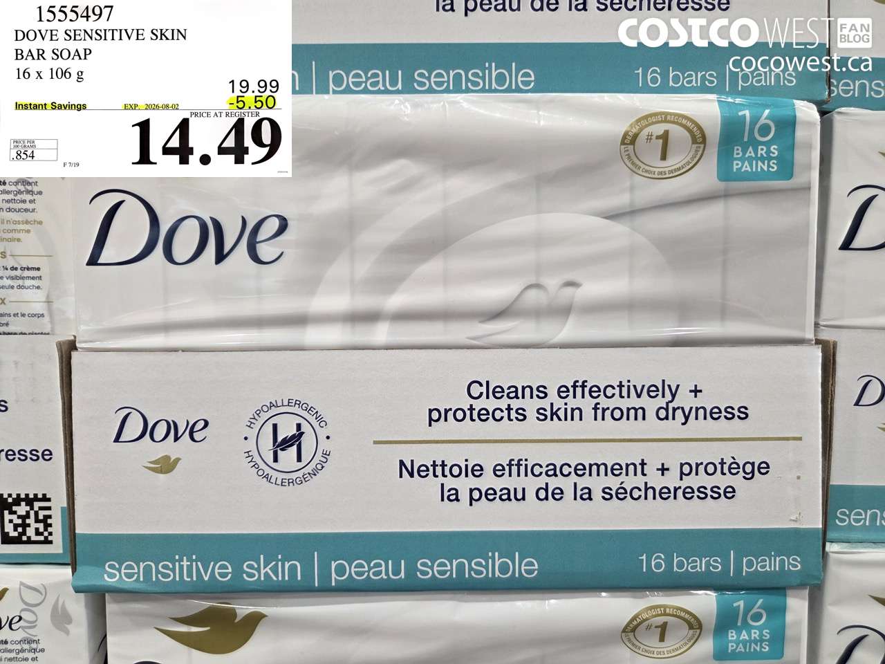 1555497 DOVE SENSITIVE SKIN BAR SOAP 16 X 106 G ($5.50 INSTANT SAVINGS EXPIRES ON 2026-08-02) $14.49