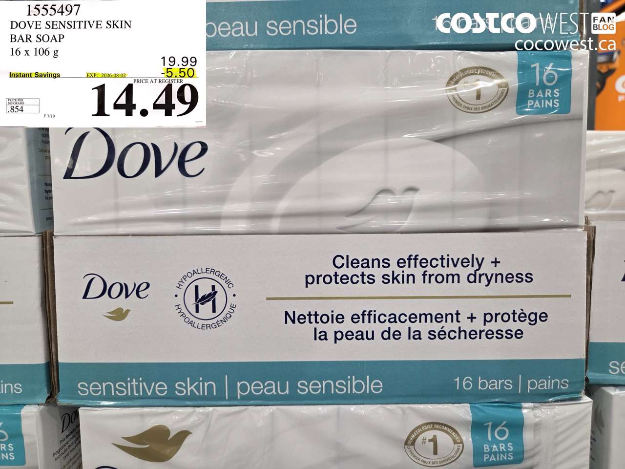1555497 DOVE SENSITIVE SKIN BAR SOAP 16 X 106 G ($5.50 INSTANT SAVINGS EXPIRES ON 2026-08-02) $14.49