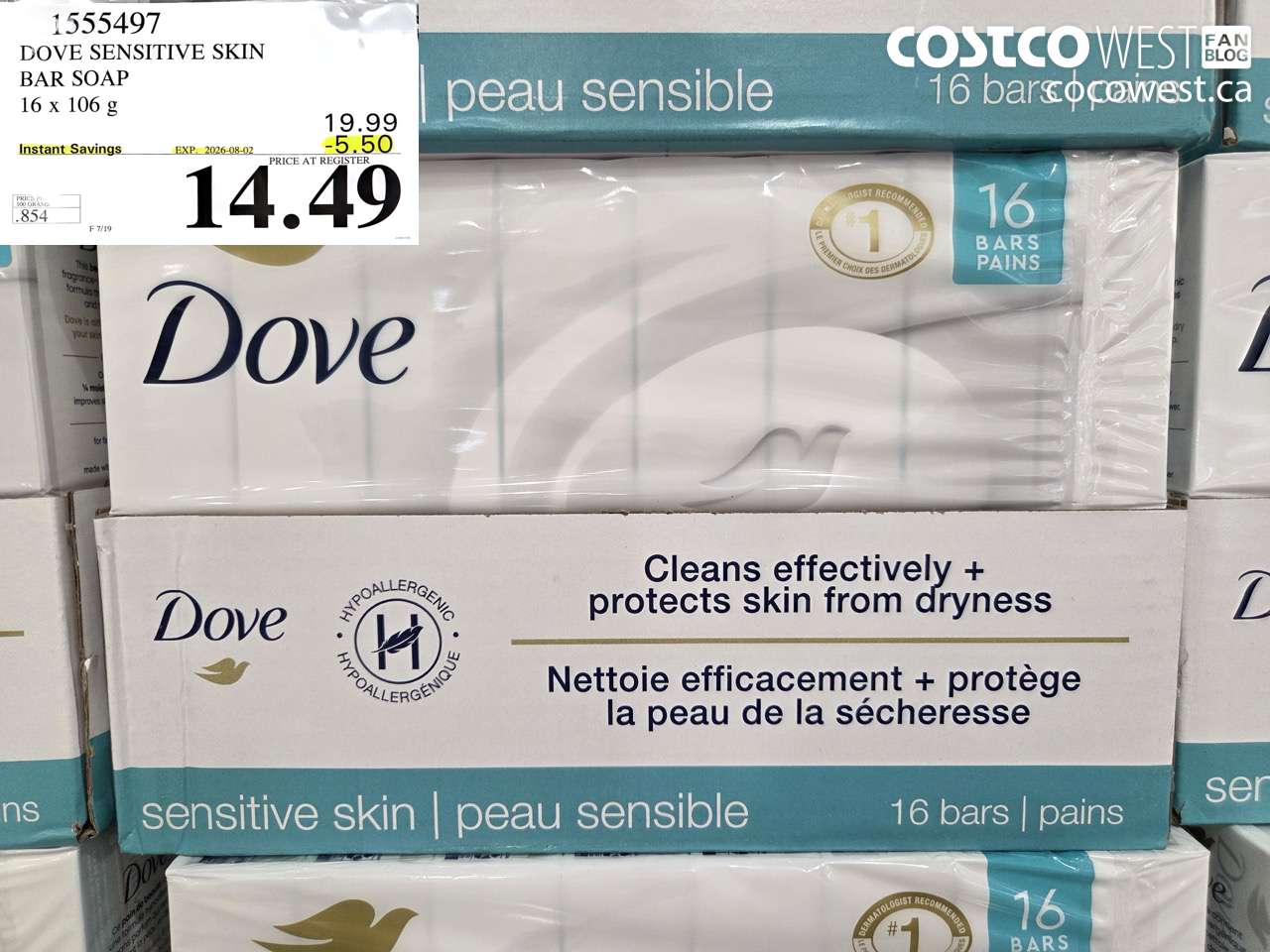 1555497 DOVE SENSITIVE SKIN BAR SOAP 16 X 106 G ($5.50 INSTANT SAVINGS EXPIRES ON 2026-08-02) $14.49