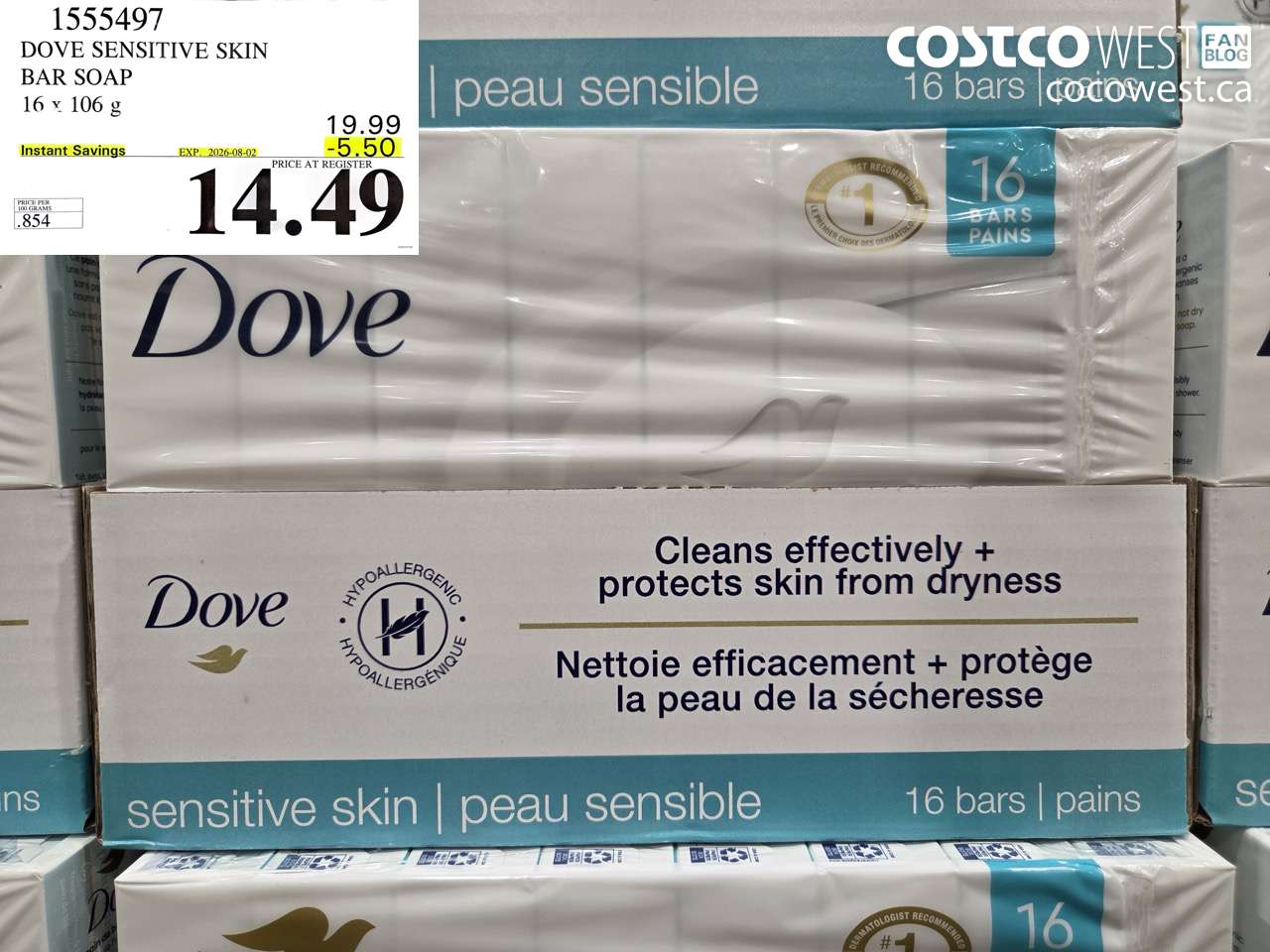 1555497 DOVE SENSITIVE SKIN BAR SOAP 16 X 106 G ($5.50 INSTANT SAVINGS EXPIRES ON 2026-08-02) $14.49