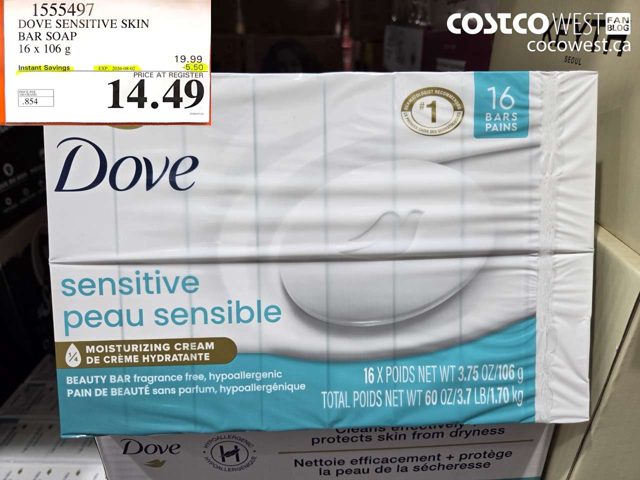 1555497 DOVE SENSITIVE SKIN BAR SOAP 16 X 106 G ($5.50 INSTANT SAVINGS EXPIRES ON 2026-08-02) $14.49
