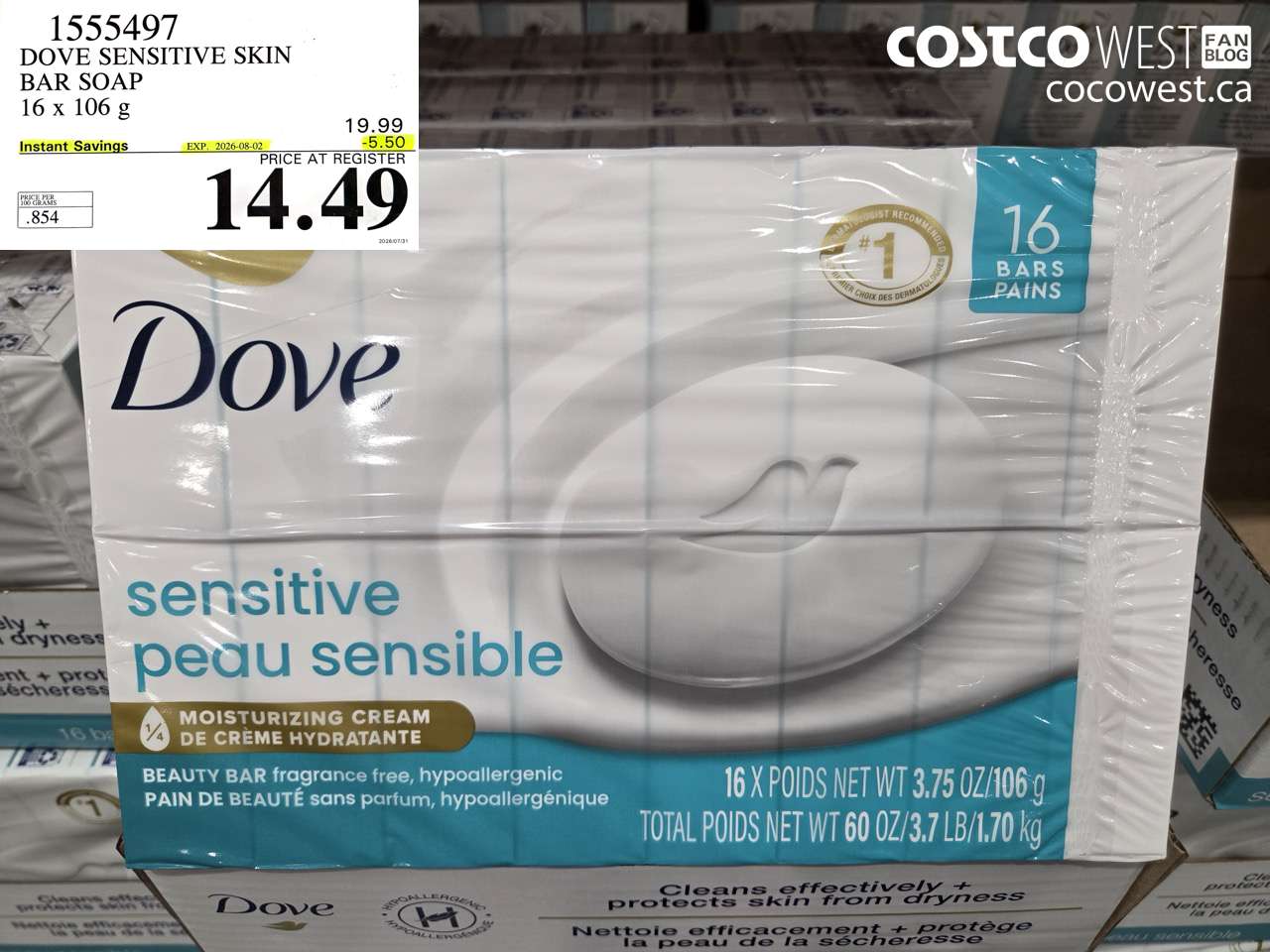 1555497 DOVE SENSITIVE SKIN BAR SOAP 16 X 106 G ($5.50 INSTANT SAVINGS EXPIRES ON 2026-08-02) $14.49