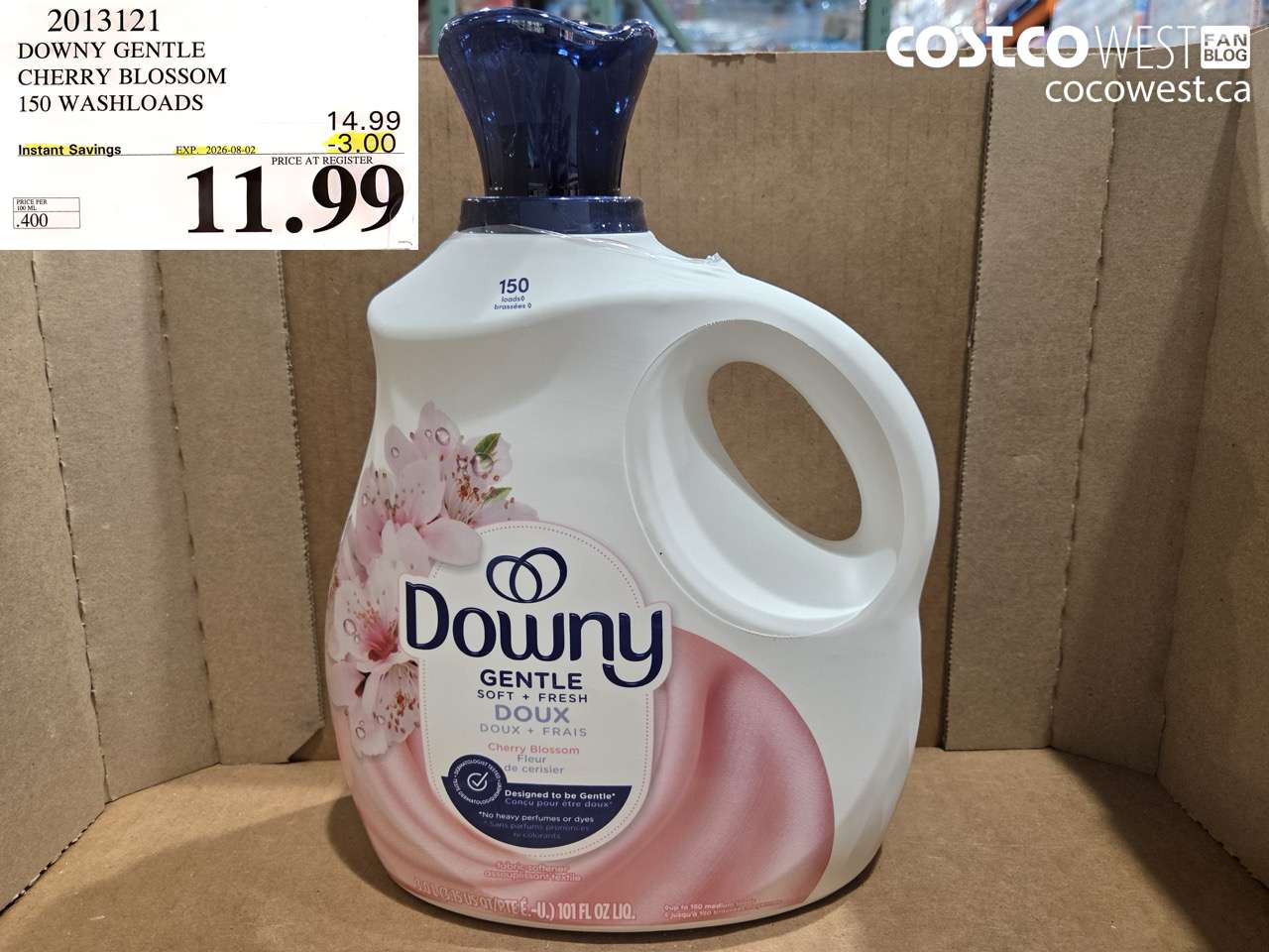 2013121 DOWNY GENTLE CHERRY BLOSSOM 150 WASHLOADS ($3.00 INSTANT SAVINGS EXPIRES ON 2026-08-02) $11.99