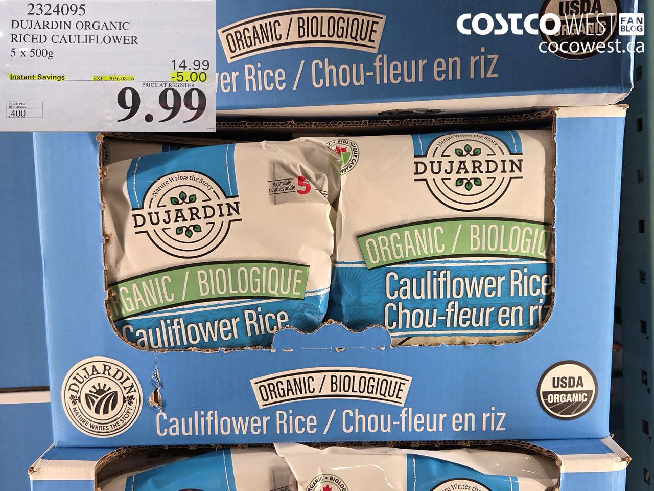 2324095 DUJARDIN ORGANIC RICED CAULIFLOWER 5 X 500G ($5.00 INSTANT SAVINGS EXPIRES ON 2026-08-16) $9.99