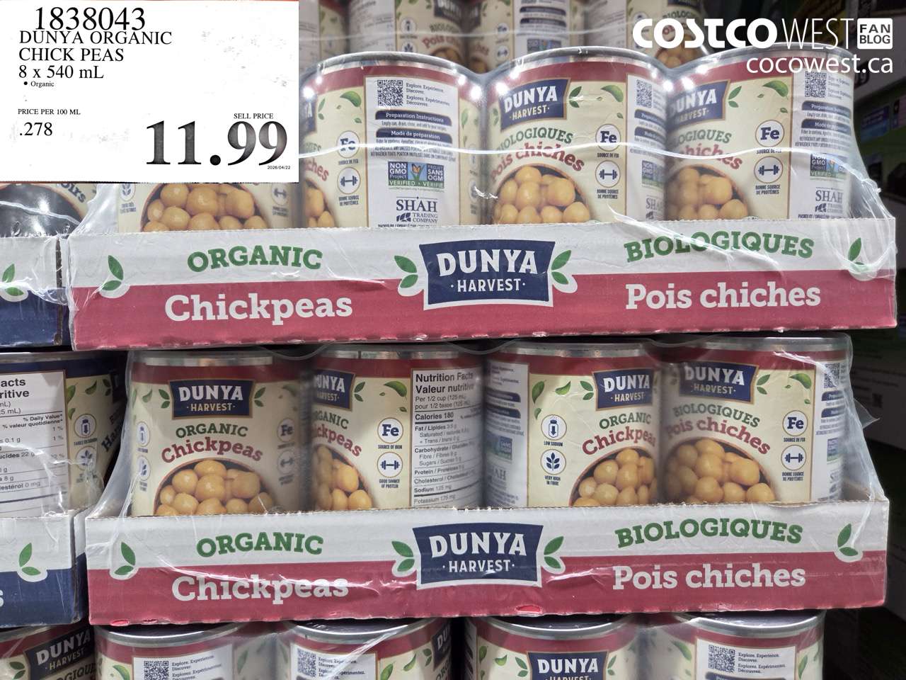 1838043 DUNYA ORGANIC CHICK PEAS 8 X 540 ML $11.99