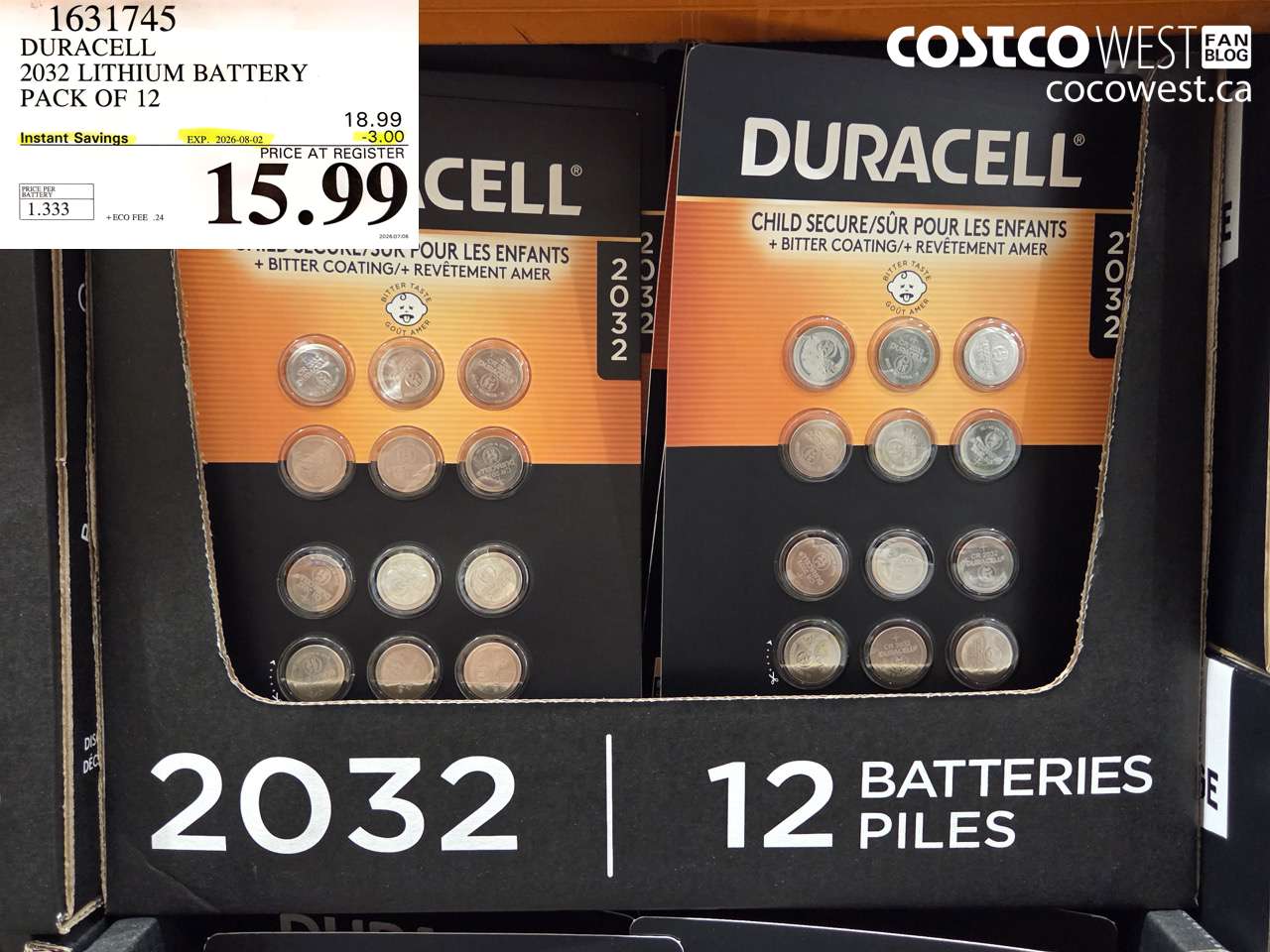 1631745 DURACELL 2032 LITHIUM BATTERY PACK OF 12 ($3.00 INSTANT SAVINGS EXPIRES ON 2026-08-02) $15.99