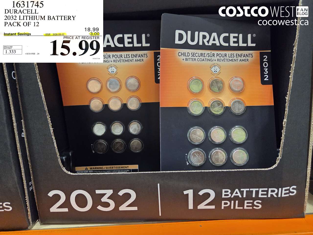 1631745 DURACELL 2032 LITHIUM BATTERY PACK OF 12 ($3.00 INSTANT SAVINGS EXPIRES ON 2026-08-02) $15.99