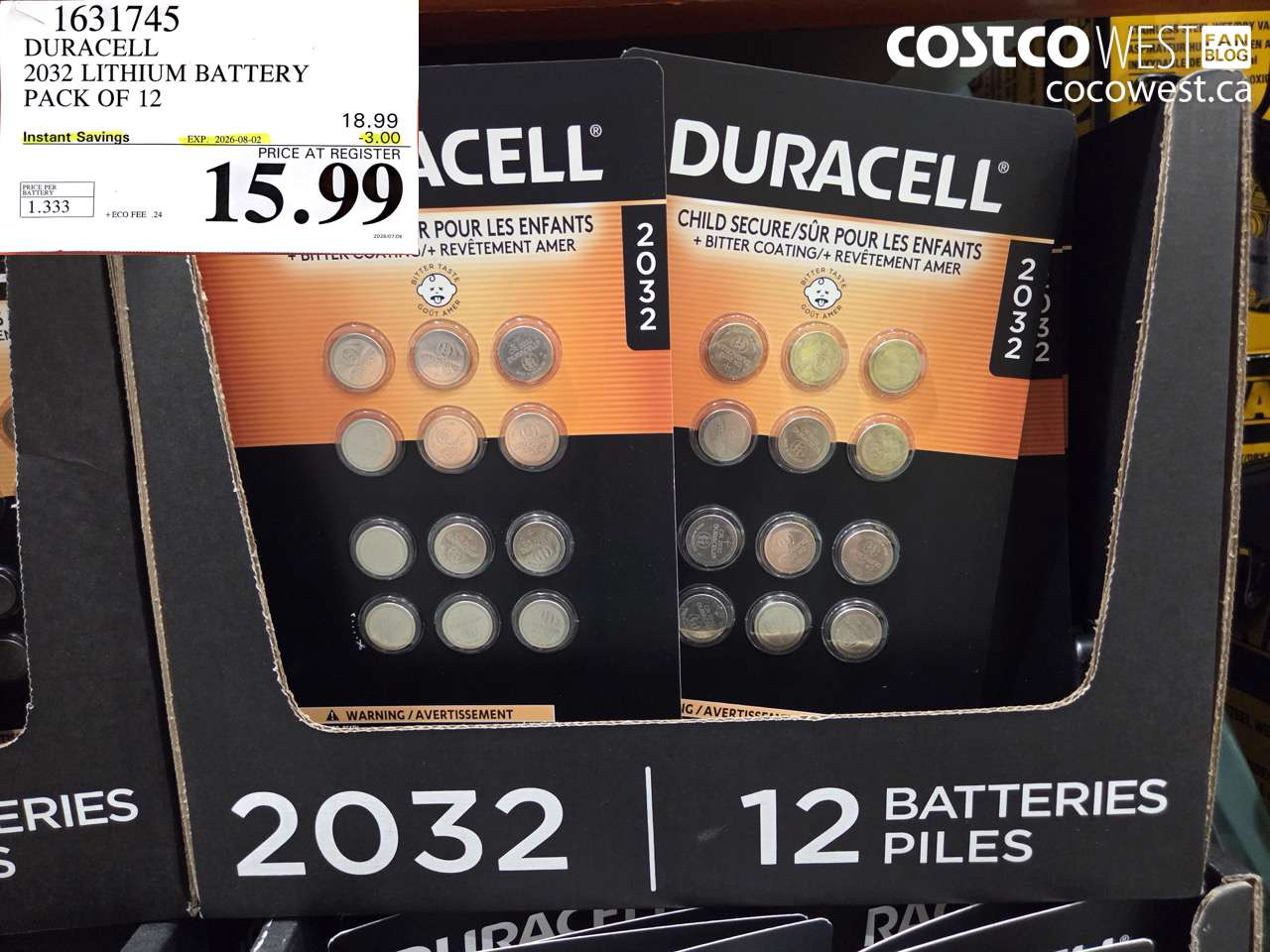 1631745 DURACELL 2032 LITHIUM BATTERY PACK OF 12 ($3.00 INSTANT SAVINGS EXPIRES ON 2026-08-02) $15.99