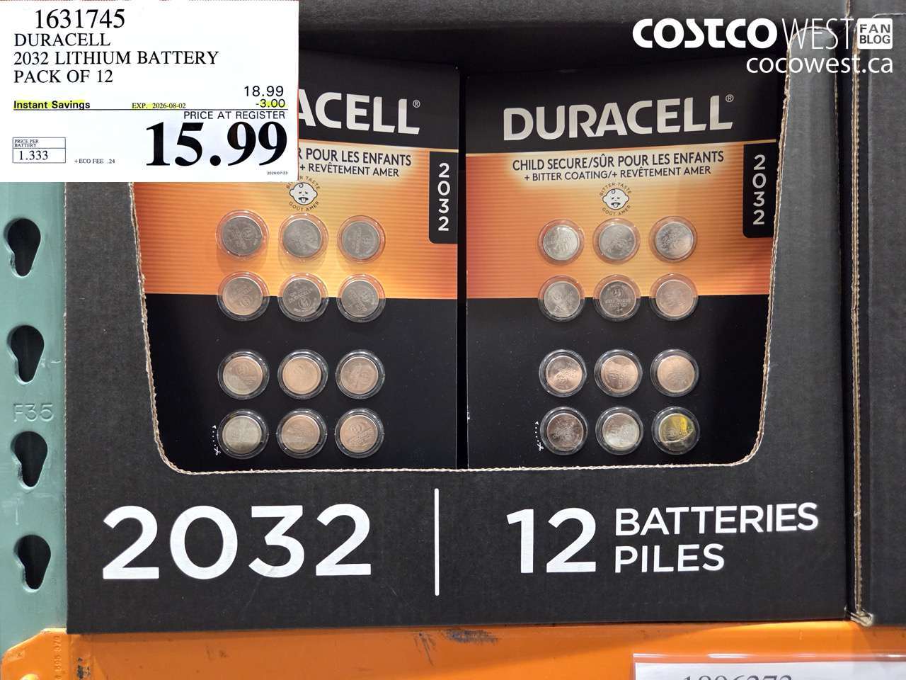 1631745 DURACELL 2032 LITHIUM BATTERY PACK OF 12 ($3.00 INSTANT SAVINGS EXPIRES ON 2026-08-02) $15.99