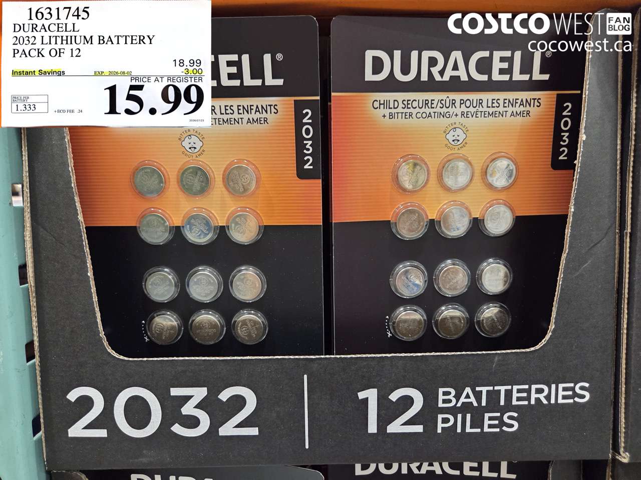 1631745 DURACELL 2032 LITHIUM BATTERY PACK OF 12 ($3.00 INSTANT SAVINGS EXPIRES ON 2026-08-02) $15.99