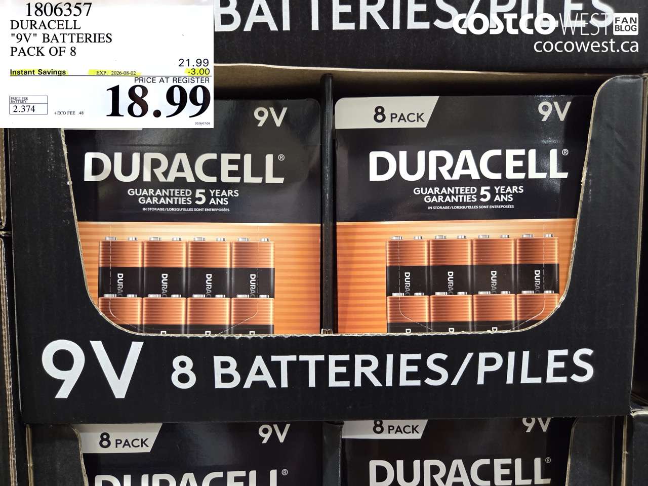 1806357 DURACELL 9V BATTERIES PACK OF 8 ($3.00 INSTANT SAVINGS EXPIRES ON 2026-08-02) $18.99